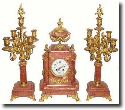 C.1875, French, Pink Marble and Ormolu mantle set in outstanding condition. — Antique Clocks Price Guide