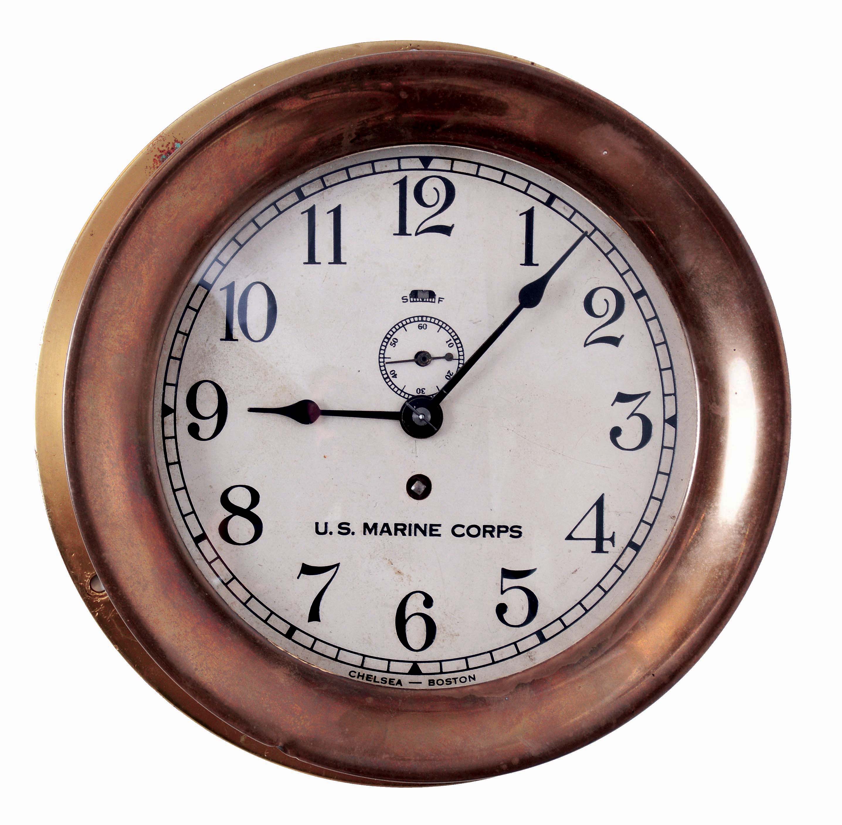 Chelsea Clock Co., Boston, Mass., 8 days, spring brass lever movement wall timepiece with a screw bezel, serial #19707, c1906 — Antique Clocks Price Guide