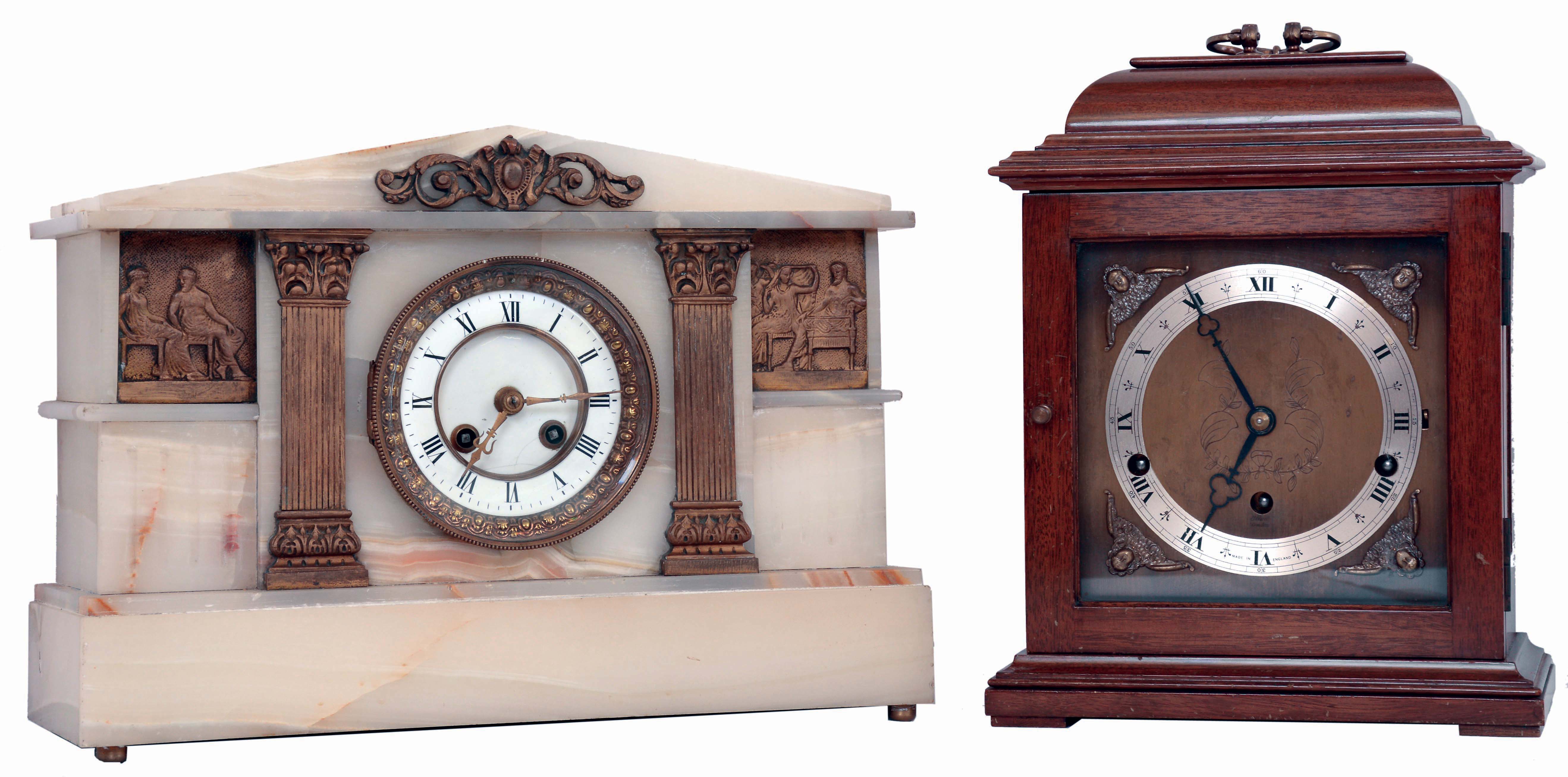Clocks- 2 (Two): (1) F. W. Elliott, Croydon, England, 8 days, time, strike and Westminster chime, spring driven brass lever movement bracket clock. (2) French, 8 days, time and strike, spring driven brass movement in onyx mantel case with applied metal decoration. — Antique Clocks Price Guide