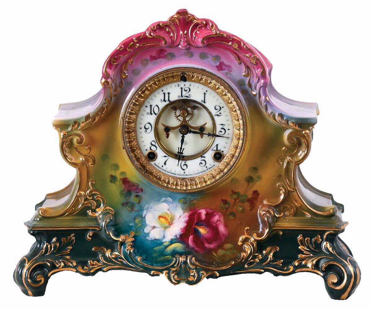 Ansonia Clock Co., New York, NY, "La Nord" Royal Bonn porcelain shelf clock with a visible escapement on an 8 days, spring driven, time and half hour strike movement, c1904. — Antique Clocks Price Guide
