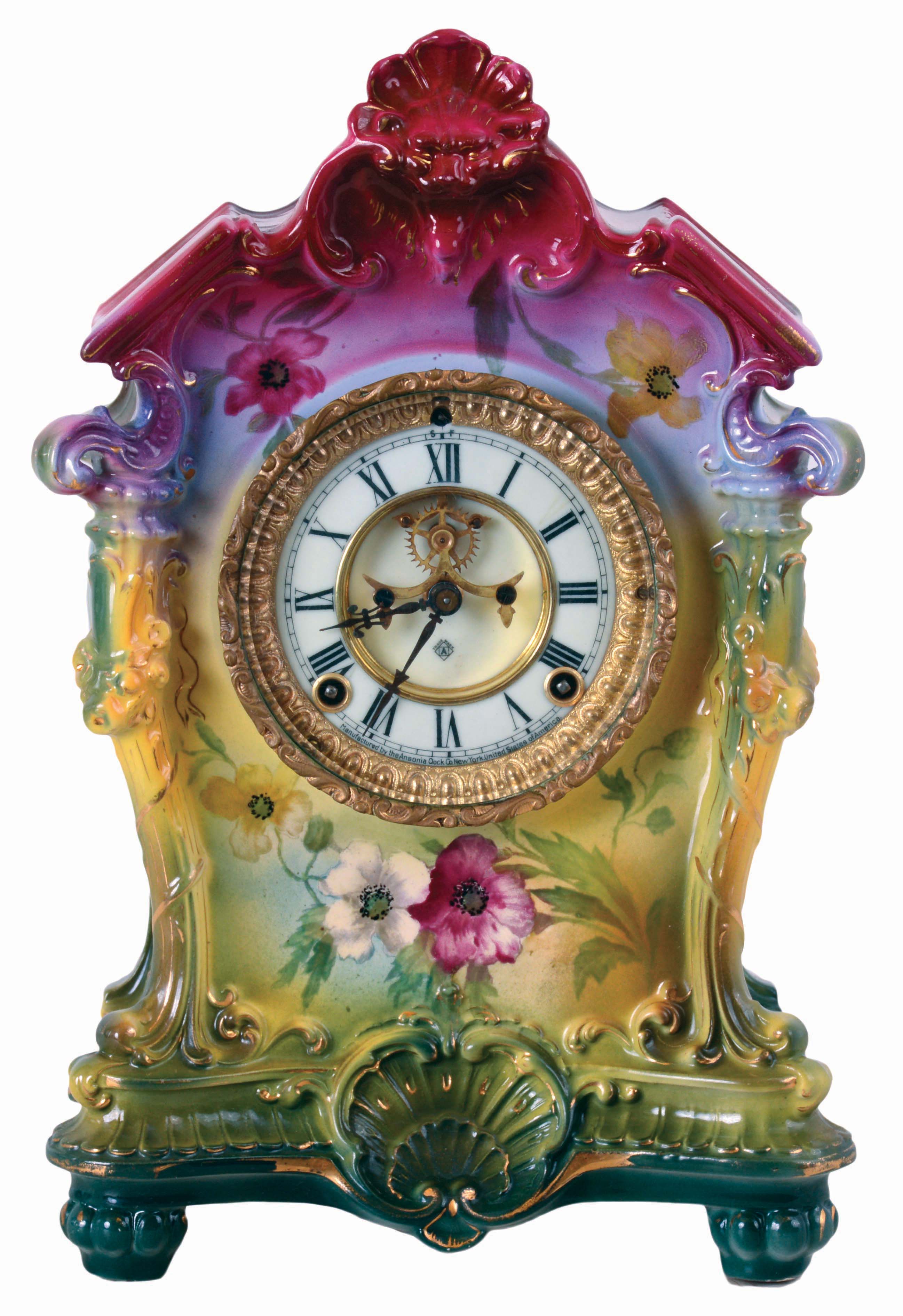 Ansonia Clock Co., New York, NY, "La Tosca" Royal Bonn porcelain shelf clock with a visible escapement with an 8 days, spring driven, time and half hour strike movement, c1904. — Antique Clocks Price Guide