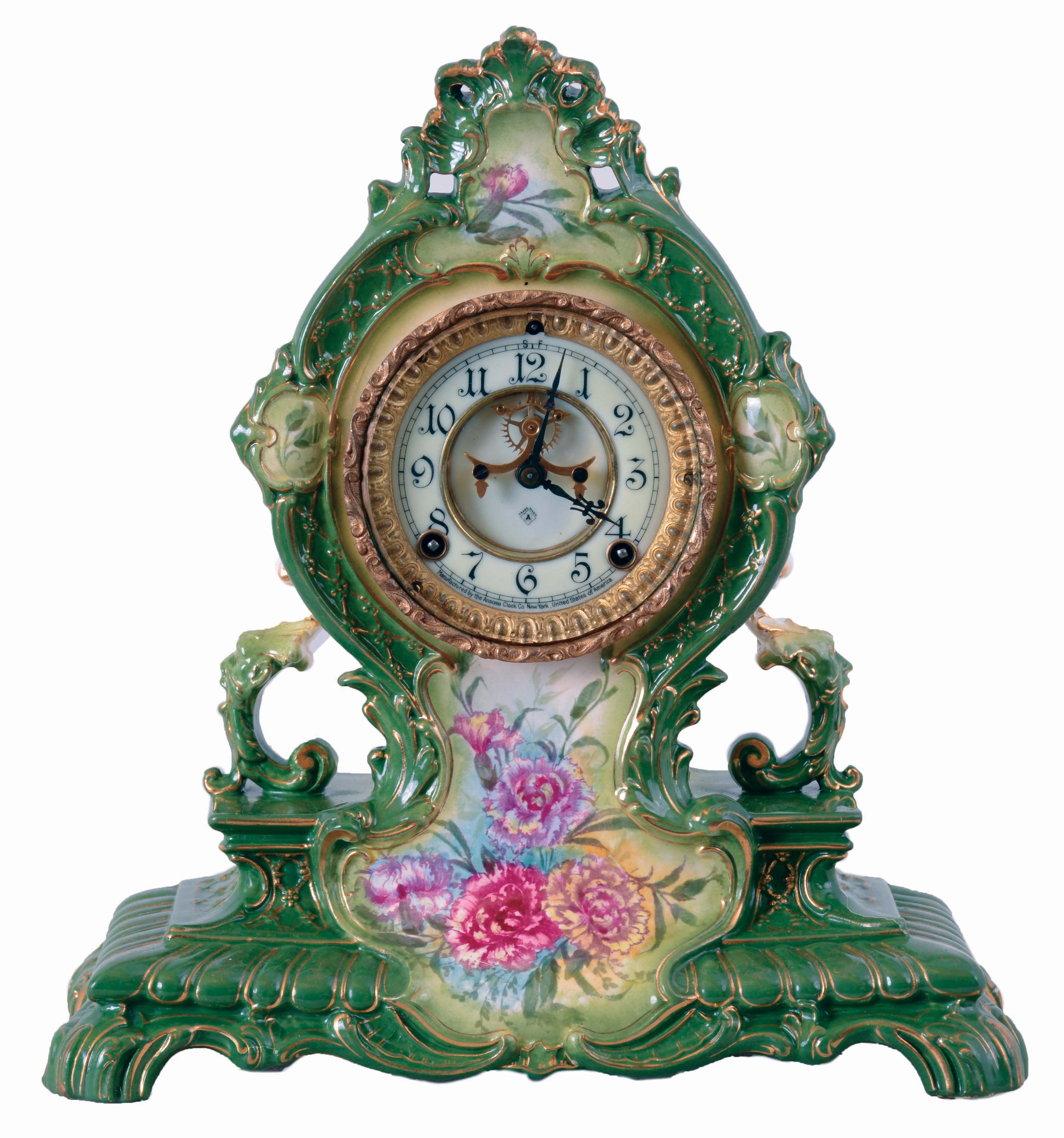 Ansonia Clock Co., New York, NY, "La Cerda" Royal Bonn porcelain shelf clock with a visible escapement on an 8 days, spring driven, time and half hour strike movement, c1904. — Antique Clocks Price Guide