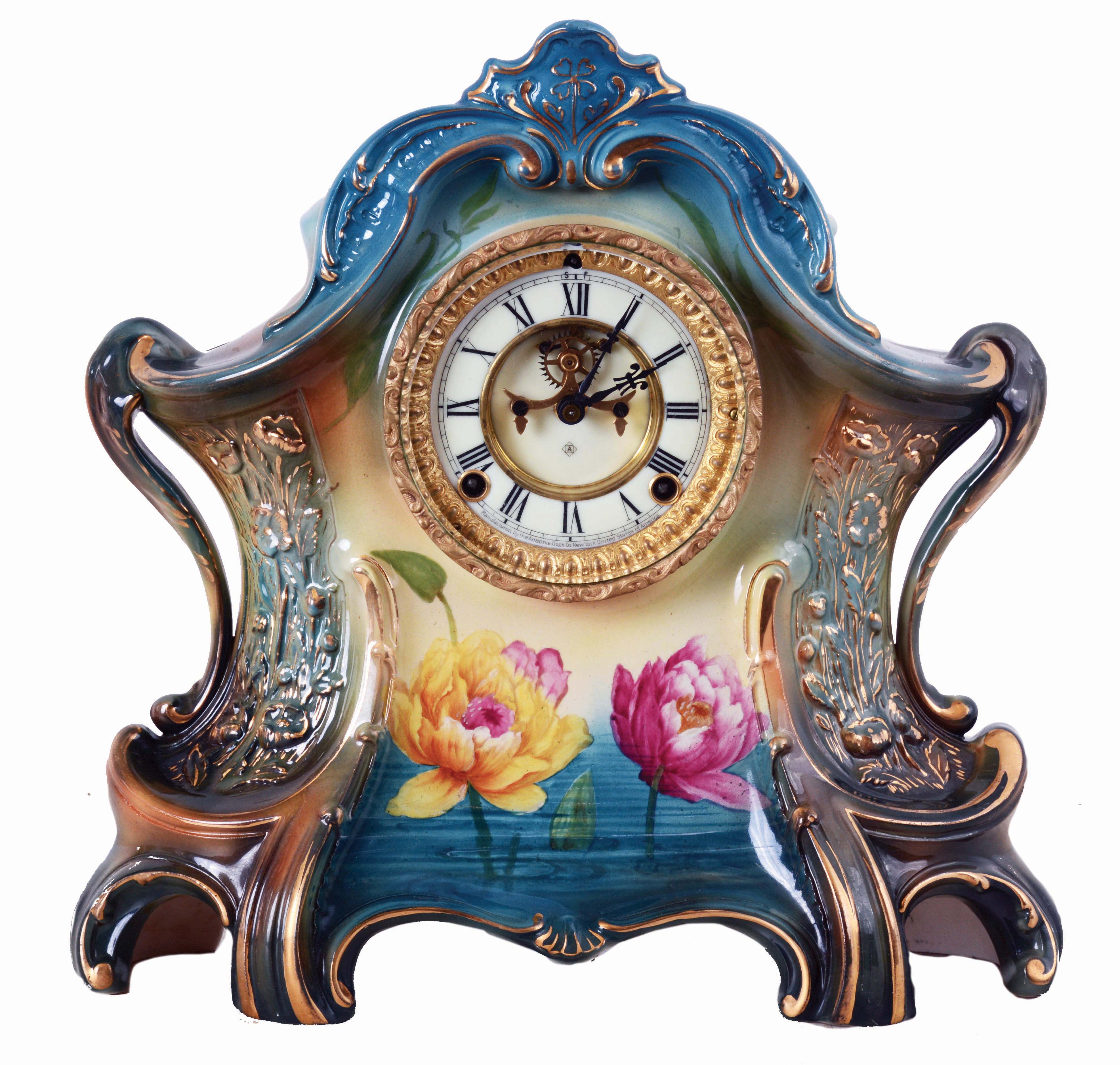 Ansonia Clock Co., New York, NY, "La Layon" Royal Bonn porcelain shelf clock with a visible escapement, 8 days, spring driven, time and half hour strike movement, c1904. — Antique Clocks Price Guide