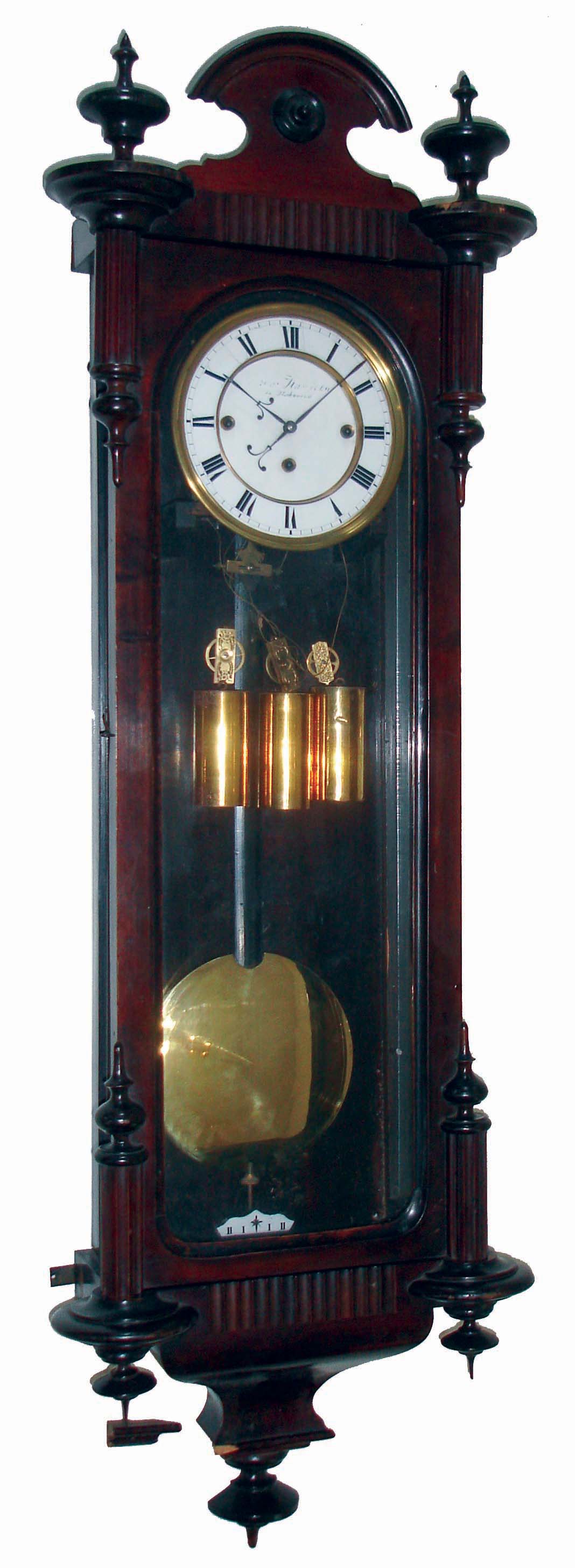 Clocks- 2 (Two) German walnut 3 weight quarter striking, 8 days, Vienna regulator wall clocks, one with serpentine case, c1900 — Antique Clocks Price Guide
