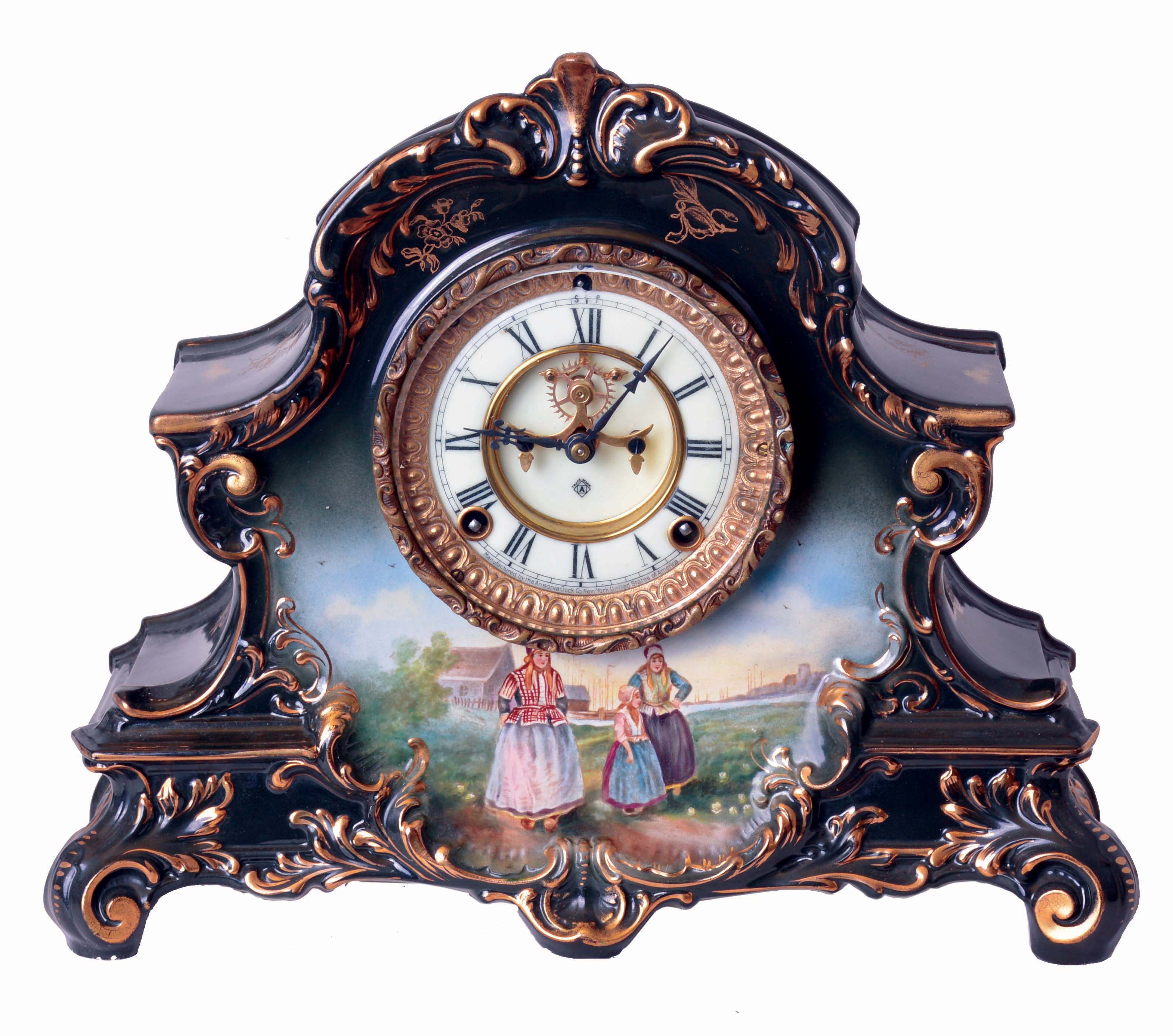 Ansonia Clock Co., Ansonia, Conn., "La Nord", 8 days, time and strike movement porcelain mantel clock, c1904 — Antique Clocks Price Guide