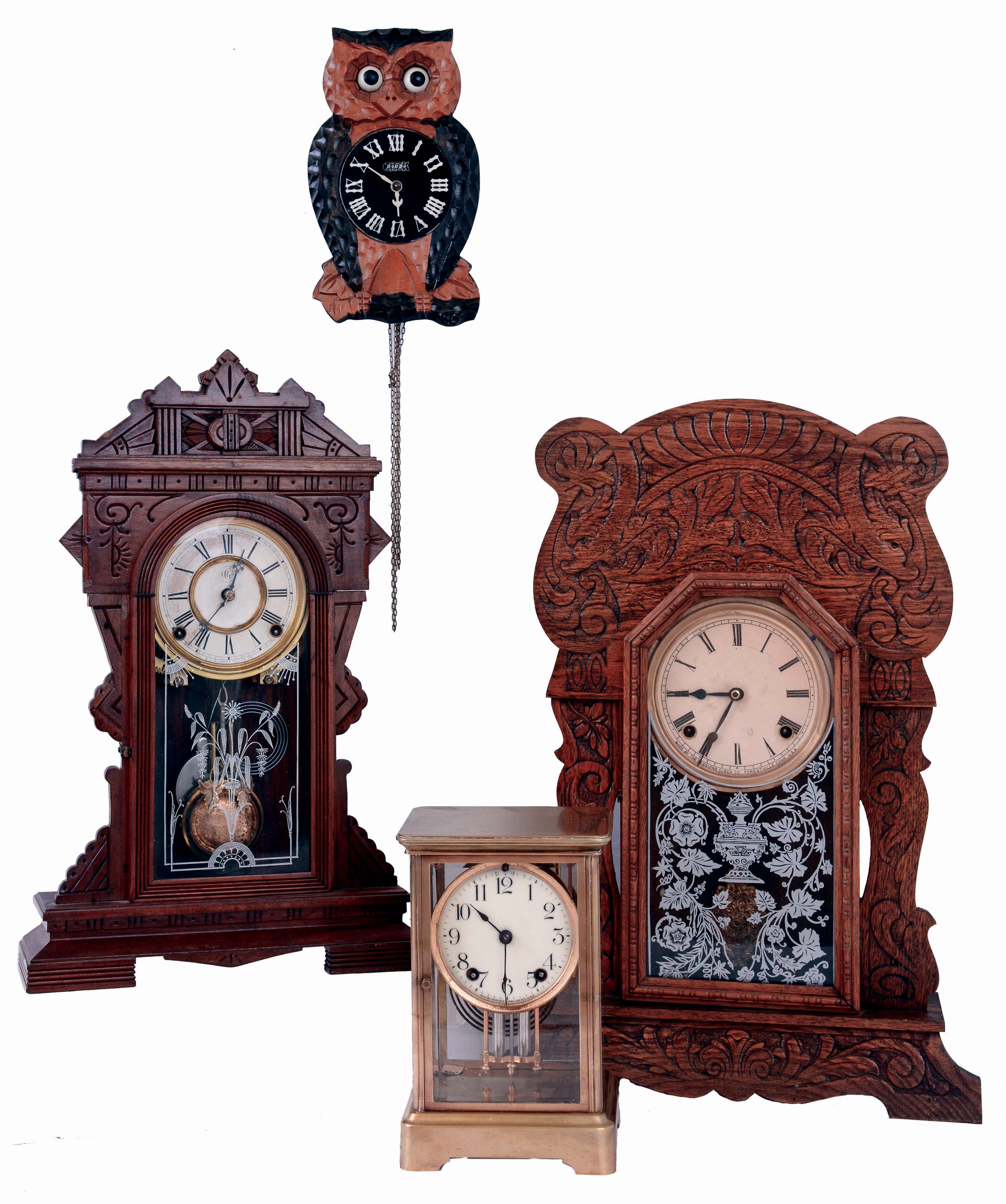 Clocks- 4 (Four): (1) William L. Gilbert Clock Co., Winsted, Conn., "Meteor", 8 days, time and strike, spring driven brass movement shelf clock, c1895. (2) Ansonia Clock Co., New York, NY, "Coral", 8 days, time and strike, spring driven brass movement crystal regulator mantel clock, c1910. (3) Sessions Clock Co., Forestville, Conn., "Grand No. 2", 8 days, time and strike, spring driven brass movement shelf clock, c1915. (4) Japanese, 30 hours, weight driven brass movement moving eye novelty wall timepiece, c1935 — Antique Clocks Price Guide
