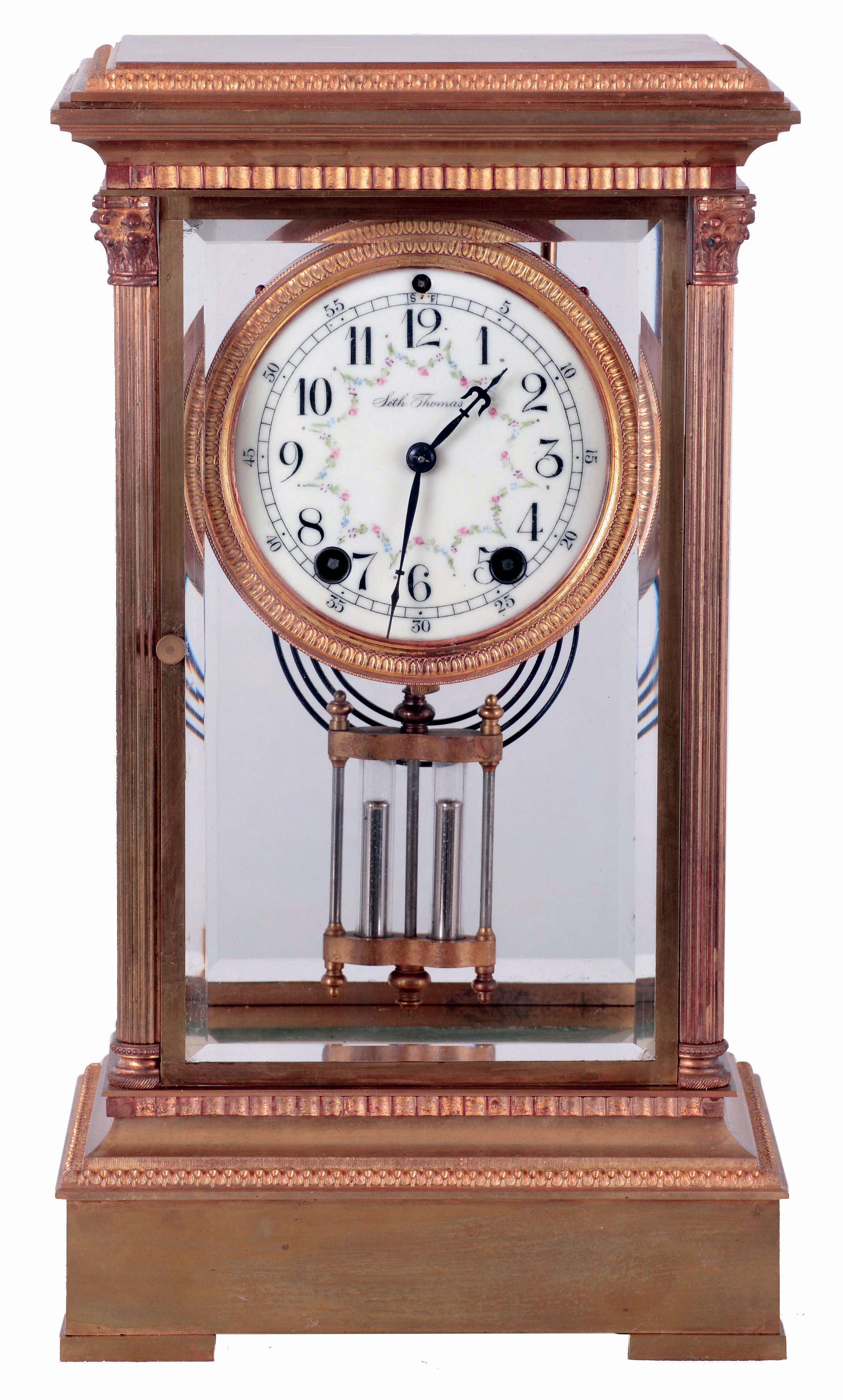 Seth Thomas Clock Co., Thomaston, Conn., "Empire No. 21", 8 days, time and strike, spring driven brass movement crystal regulator mantel clock, c1904 — Antique Clocks Price Guide