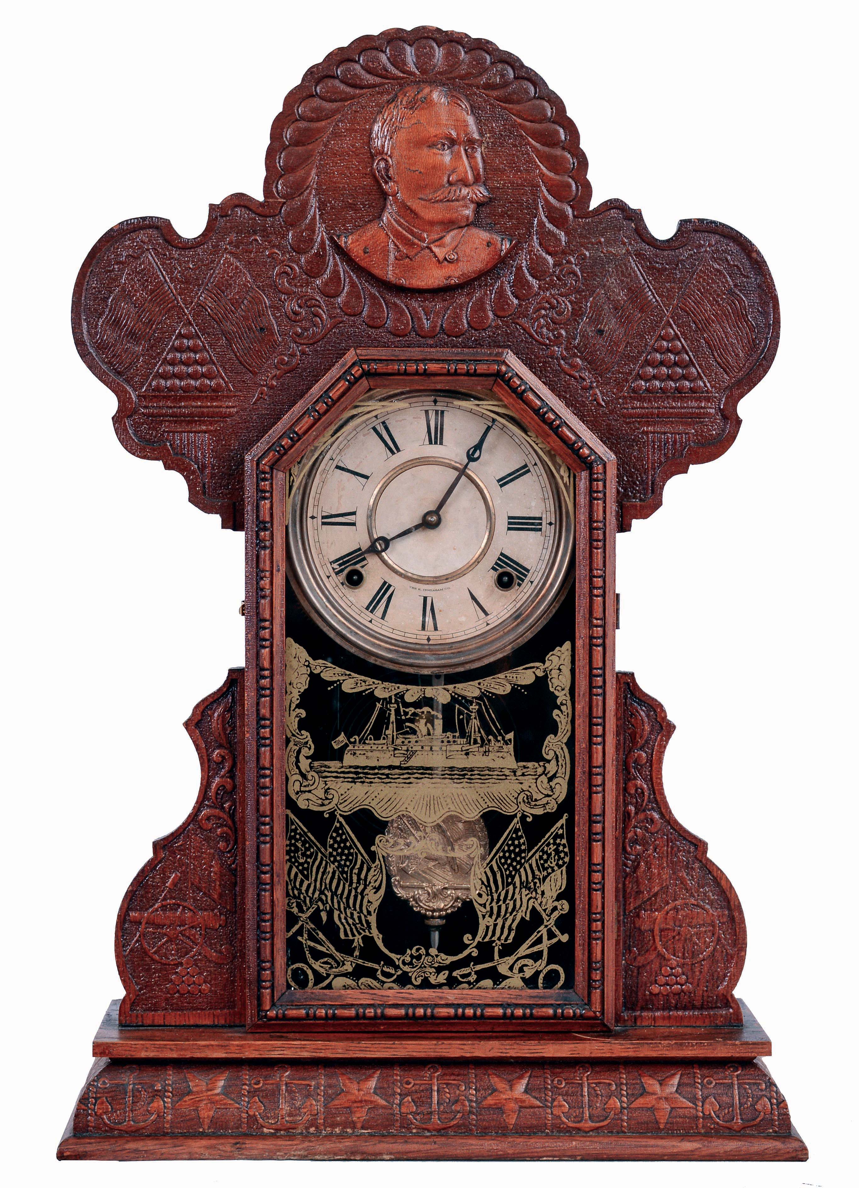 E. Ingraham &amp; Co., Bristol, Conn., "Admiral Dewey" from Spanish American War series. 8 days, time and strike, spring driven brass movement shelf clock, c1899 — Antique Clocks Price Guide