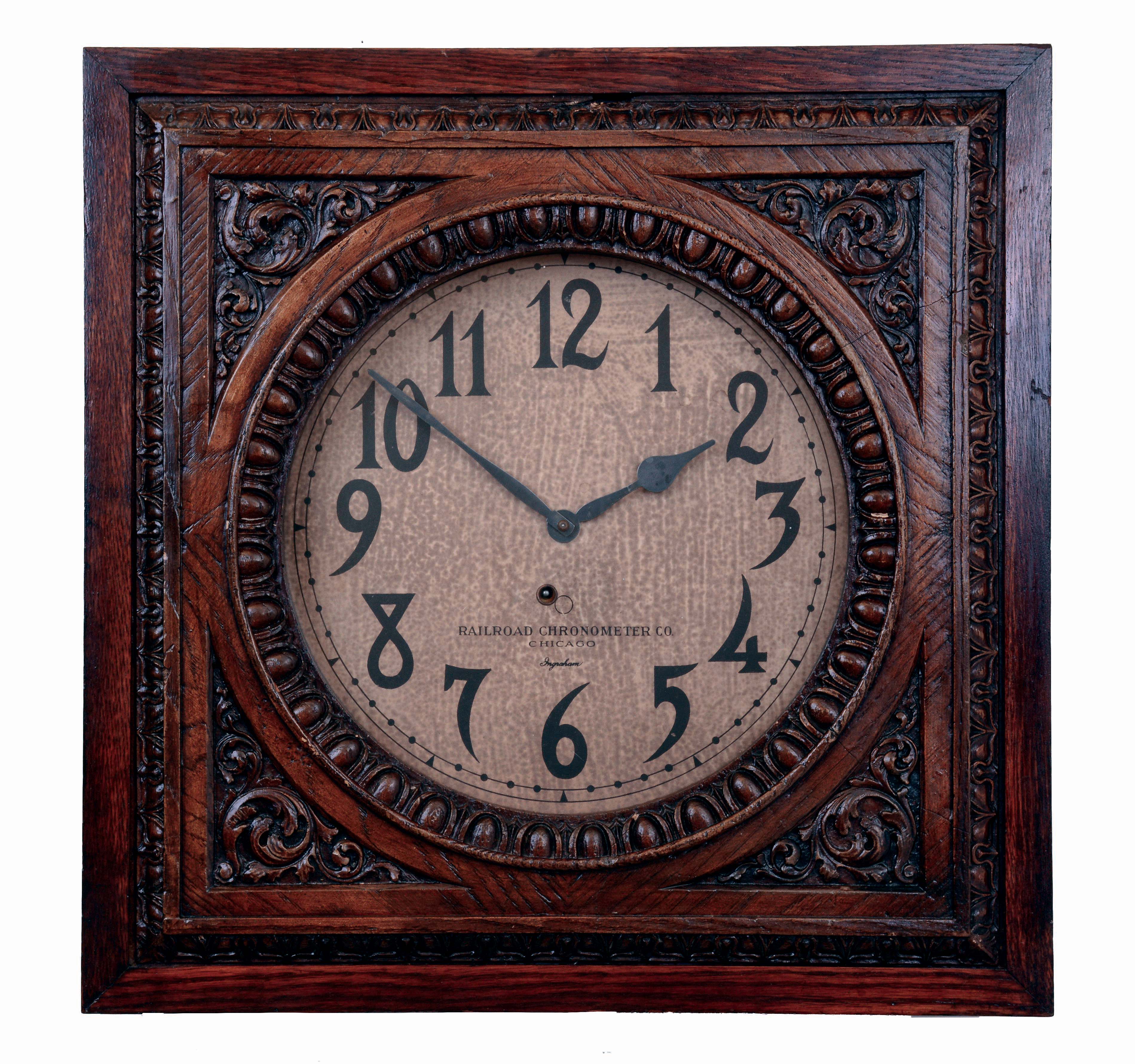 E. Ingraham &amp; Co., Bristol, Conn., 8 days, spring driven brass movement wall timepiece made for the "Railroad Chronometer Co., Chicago". Not shown in catalogs as it was a special order. Ingraham made a square case model of the same size named the "Solar", but this model is more ornate. Movement dated Nov. 1910. — Antique Clocks Price Guide