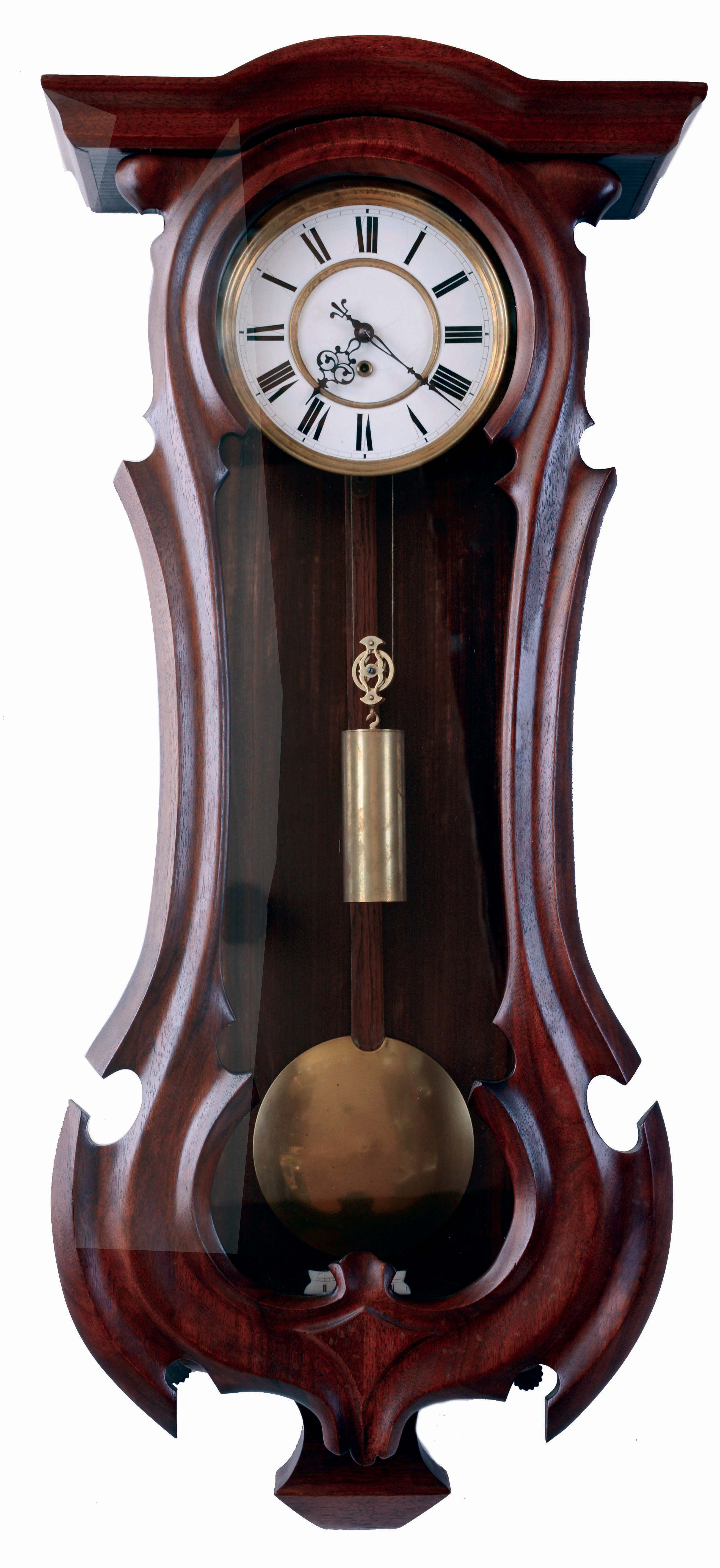 Remember, Ebensee, Austria, hanging regulator, walnut and walnut veneer case with carved serpentine front, Roman numeral white enamel dial, blued steel hands, 8 days weight driven timepiece movement, c1880 — Antique Clocks Price Guide
