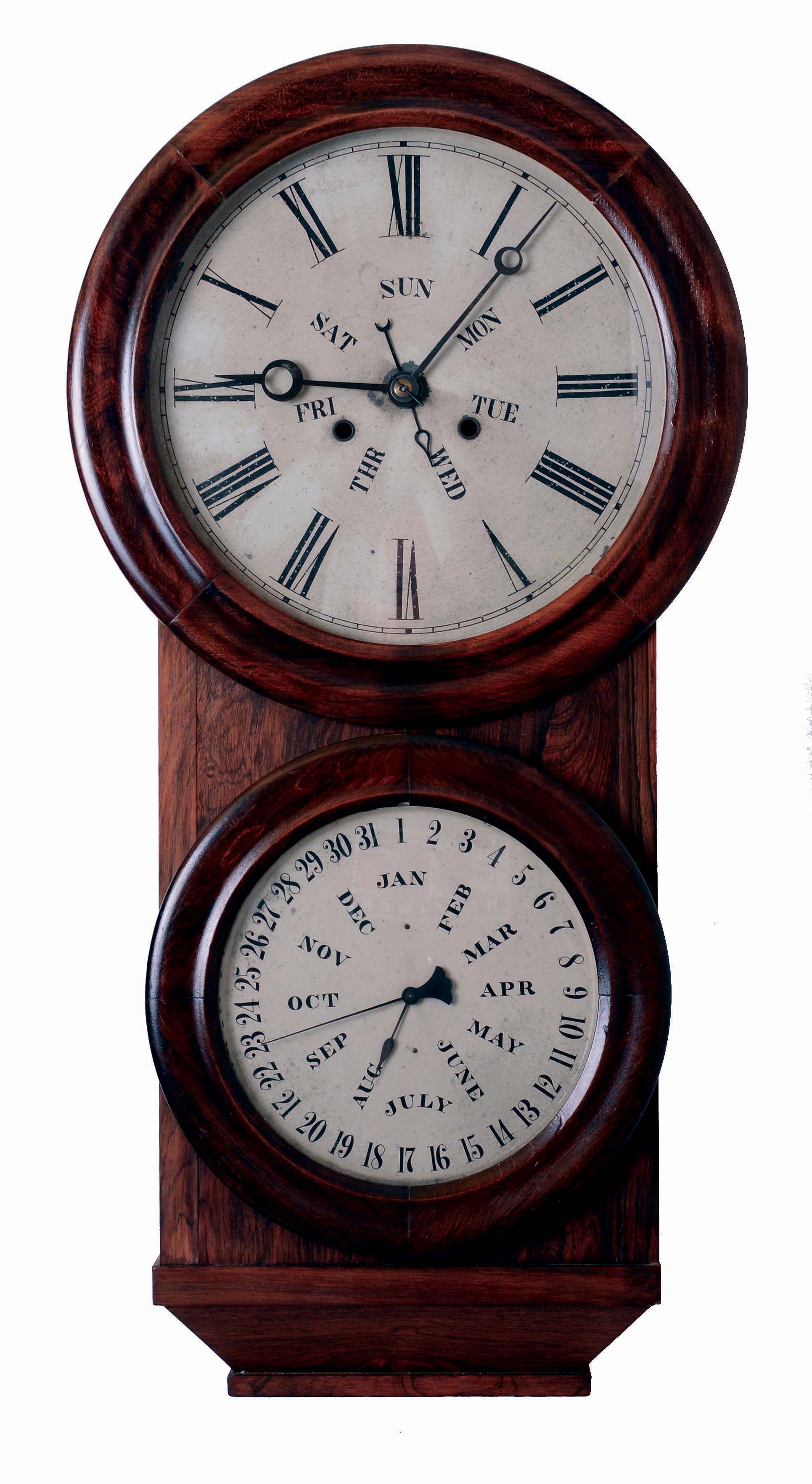 L.F. &amp; W.W. Carter, Bristol, Conn., 8 days, double weight brass movement supplied by Welch with B.B. Lewis calendar, c1865 — Antique Clocks Price Guide
