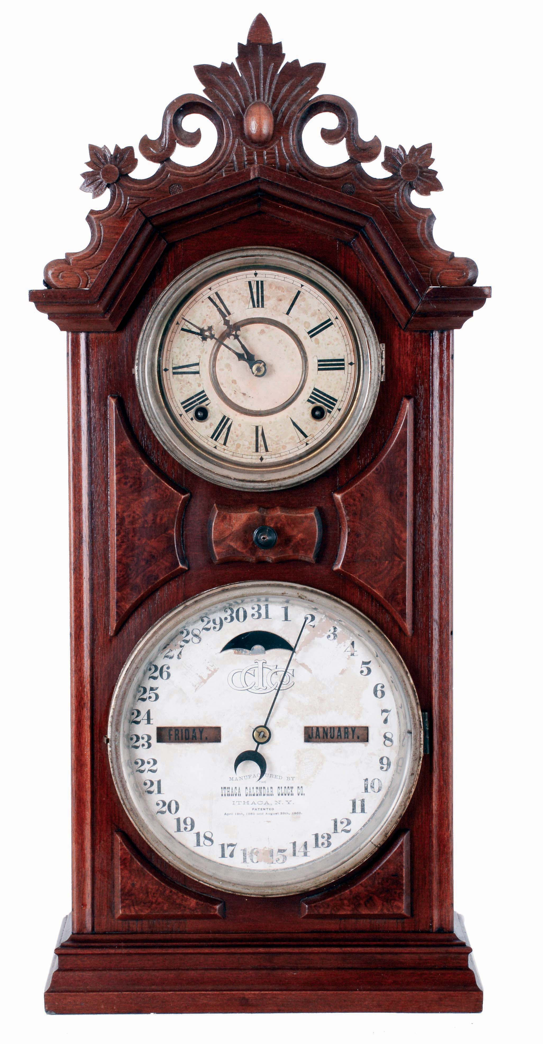 Ithaca Calendar Clock Co., Ithaca, NY, "No. 8, Shelf Library", 8 days, time and strike, spring driven brass movement calendar shelf clock, c1880 — Antique Clocks Price Guide
