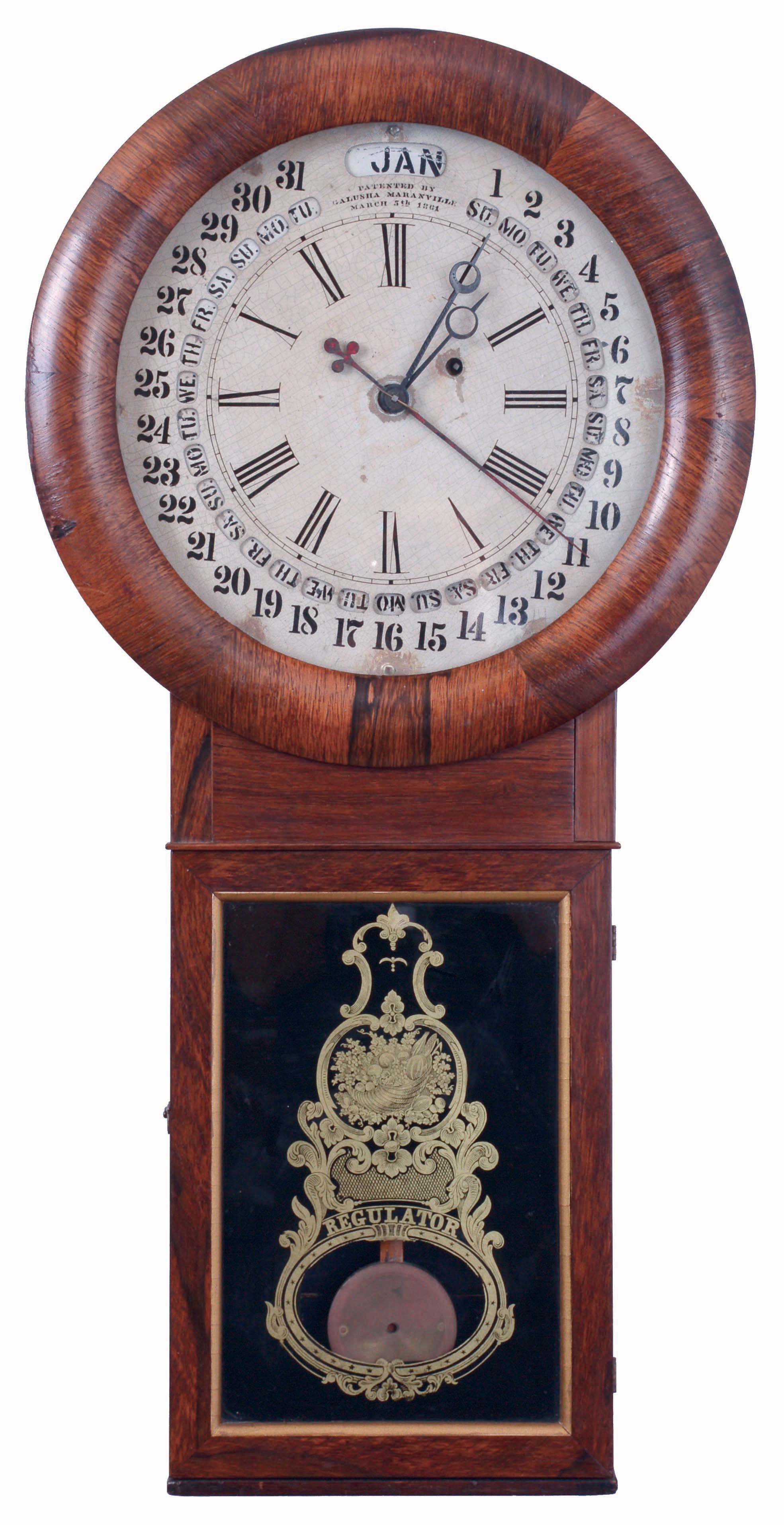 William L. Gilbert &amp; Co., Winsted, Conn., "Round Long Drop Calendar" regulator designed by S. B. Terry while working for Gilbert, 1859-1861. 8 days, weight driven brass timepiece with Galusha Maranville patent calendar, c1862 — Antique Clocks Price Guide
