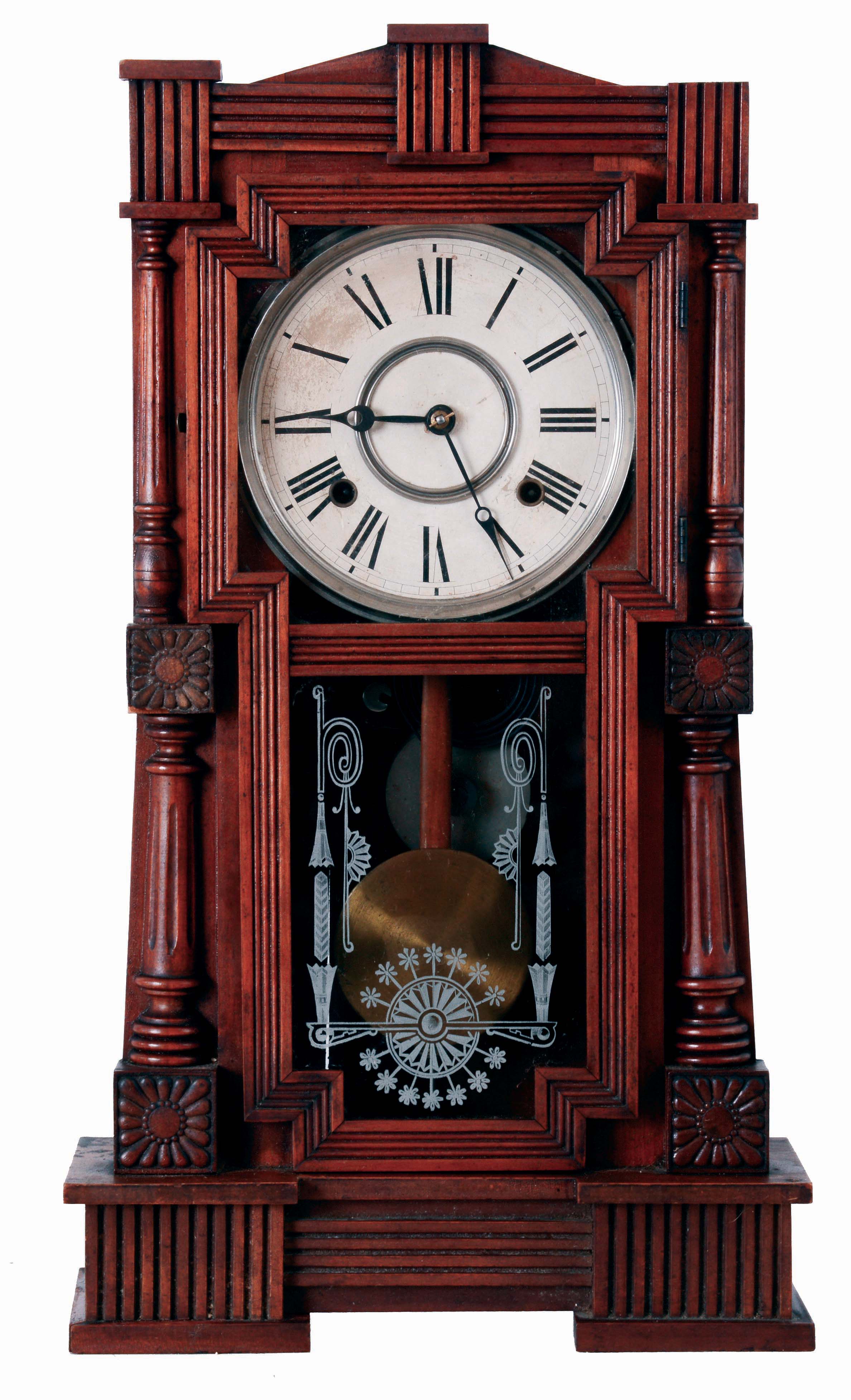 William L. Gilbert Clock Co., Winsted, Conn., "Mitra", 8 days, time and strike, spring driven brass movement shelf clock, c1891 — Antique Clocks Price Guide