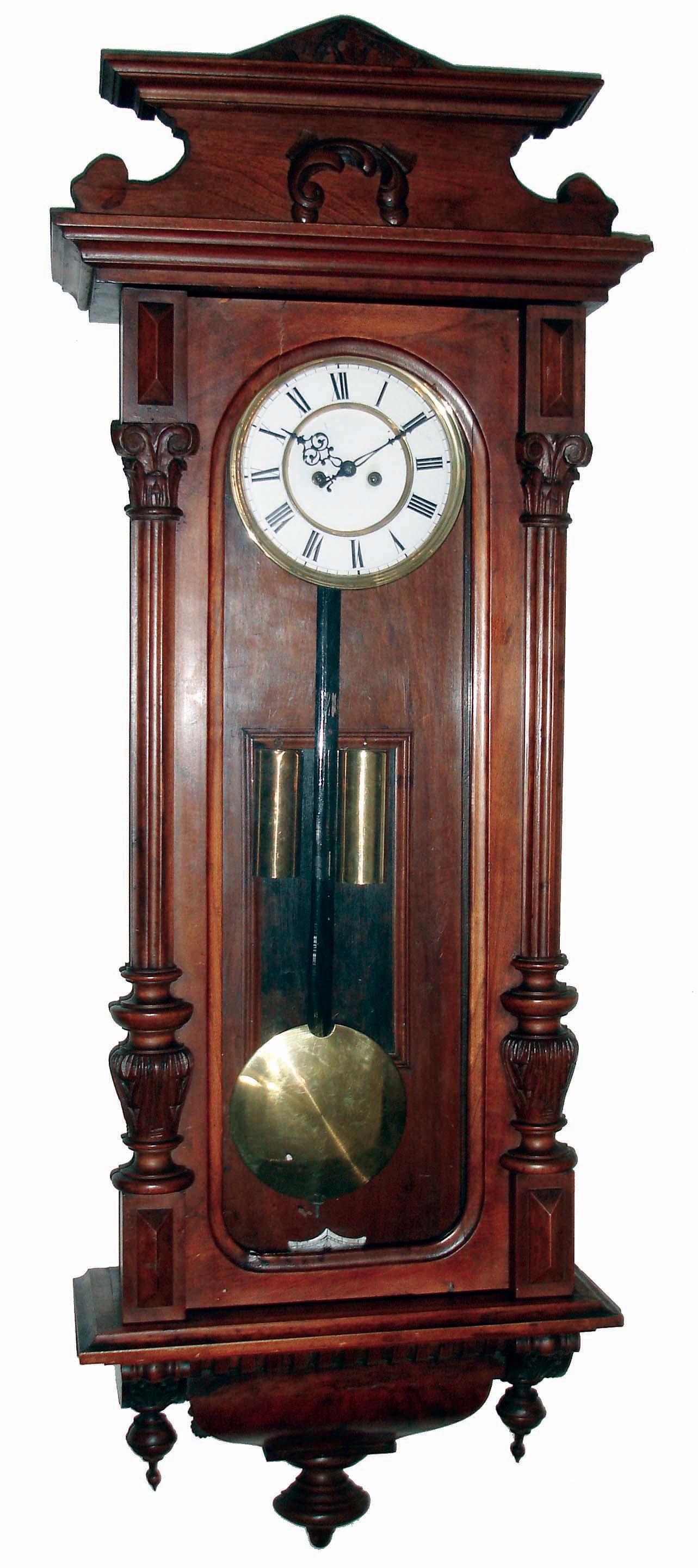 Clocks- 3 (Three) Remember, Germany, walnut 2 weight, 8 days, Vienna regulator wall clocks, white porcelain dials, c1900 — Antique Clocks Price Guide
