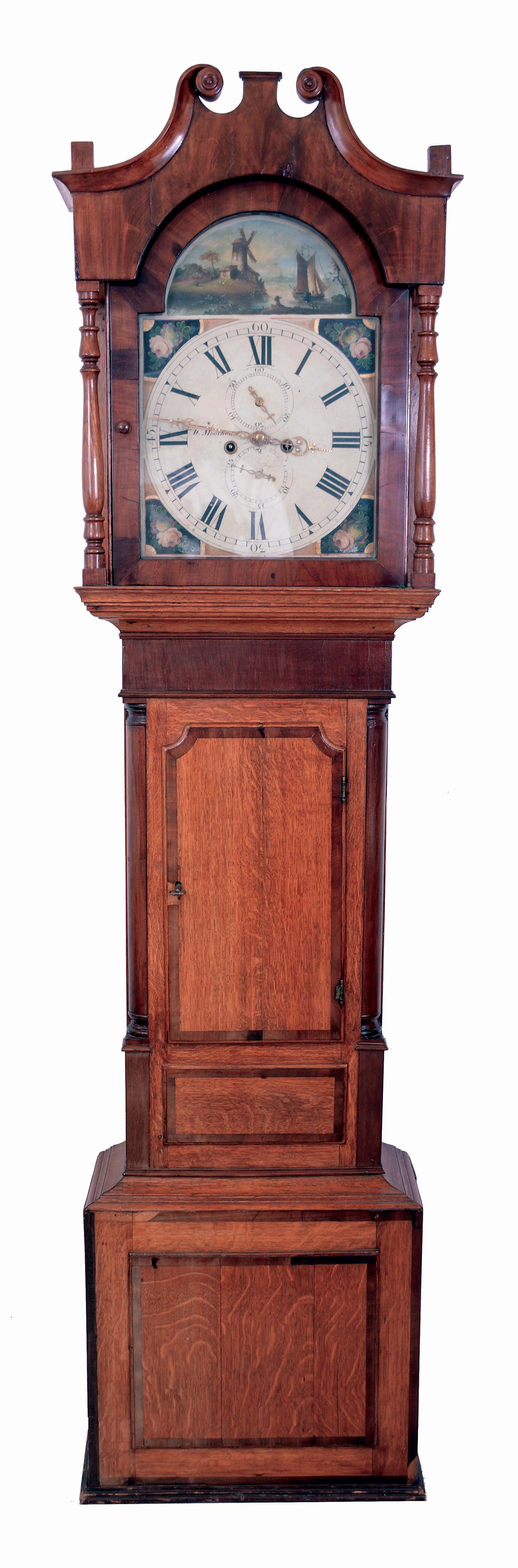 Tall clocks- 2 (Two) English / Scottish: (1) W. Moorhouse, England or Scotland, tall clock, 8 days, time and strike, weight driven movement in an oak case with mahogany banding and painted metal dial, c1840; (2) I. Wilson, Sheffield, England, tall clock, 8 days, time and strike, weight driven movement in an oak case with mahogany veneers, stringing, and with marquetry shell in trunk door, painted metal dial, c1840 — Antique Clocks Price Guide