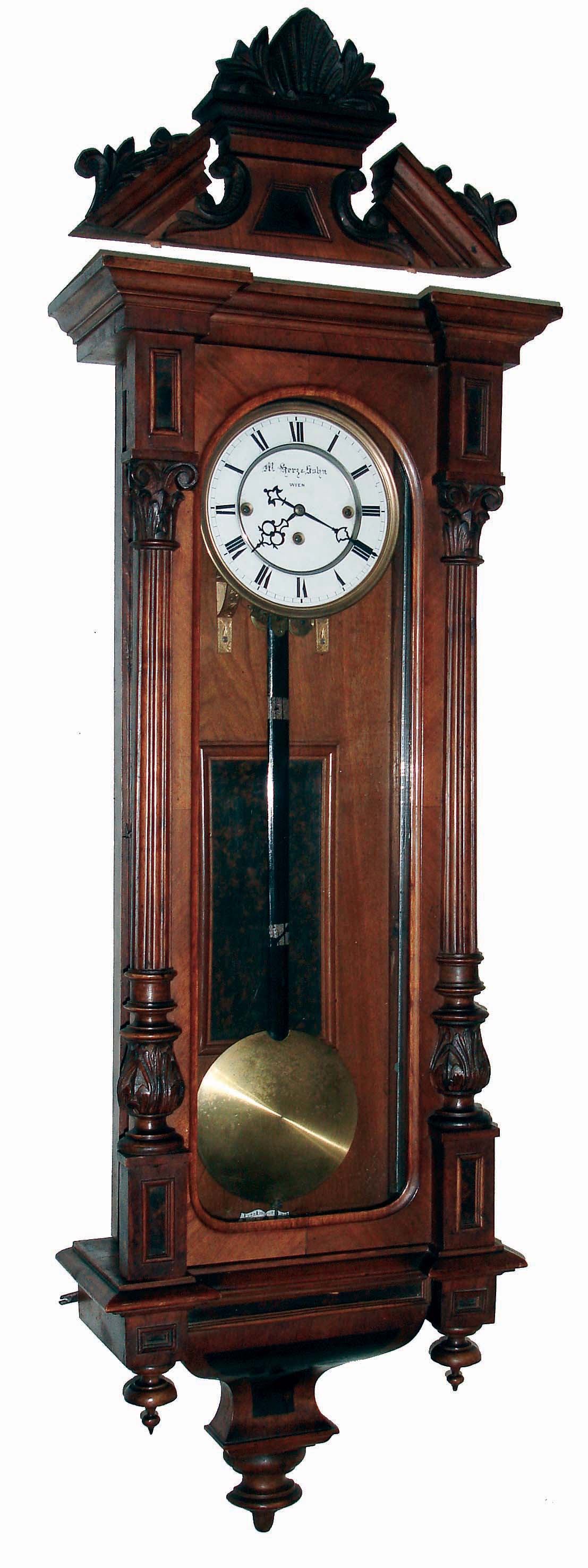 Clocks- 2 (Two) walnut 8 days, 3 weight quarter striking Vienna regulator wall clocks; 1 German by Gustav Becker; 1 Austrian unsigned movement with porcelain dial signed "M. Kerz &amp; Sohn, Wien", c1880 — Antique Clocks Price Guide