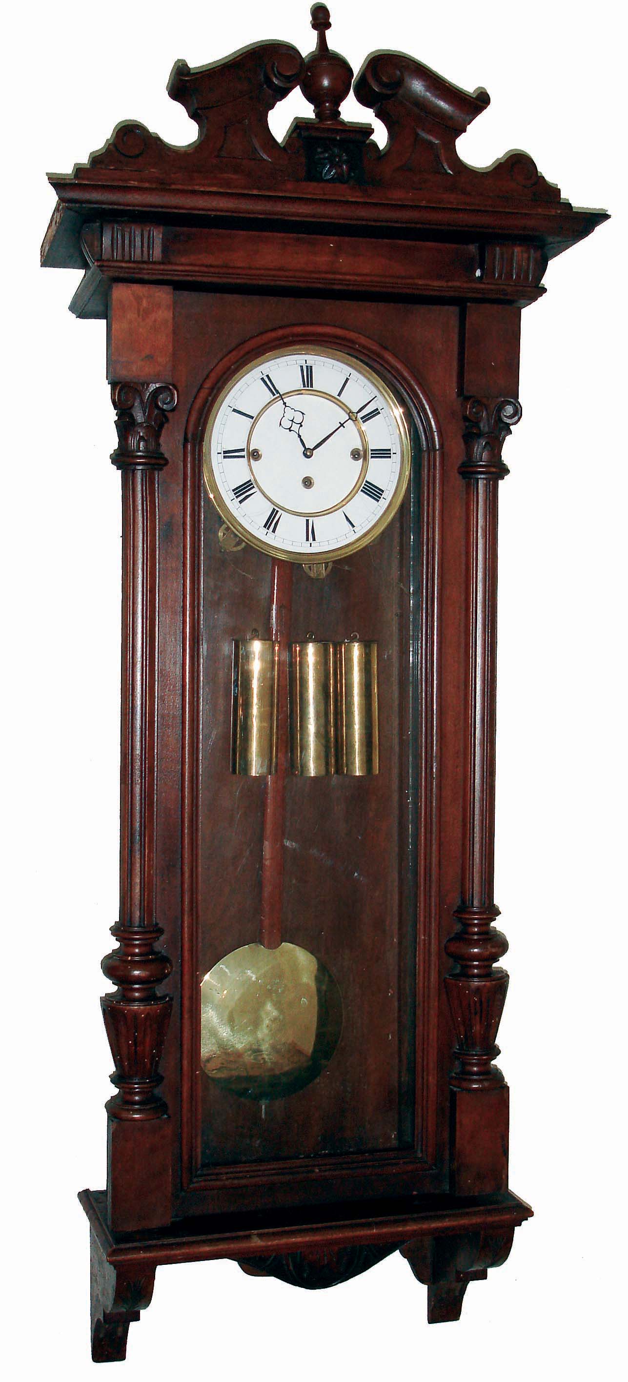 "M.P" German walnut 3 weight quarter striking Vienna regulator wall clock, c1890 — Antique Clocks Price Guide