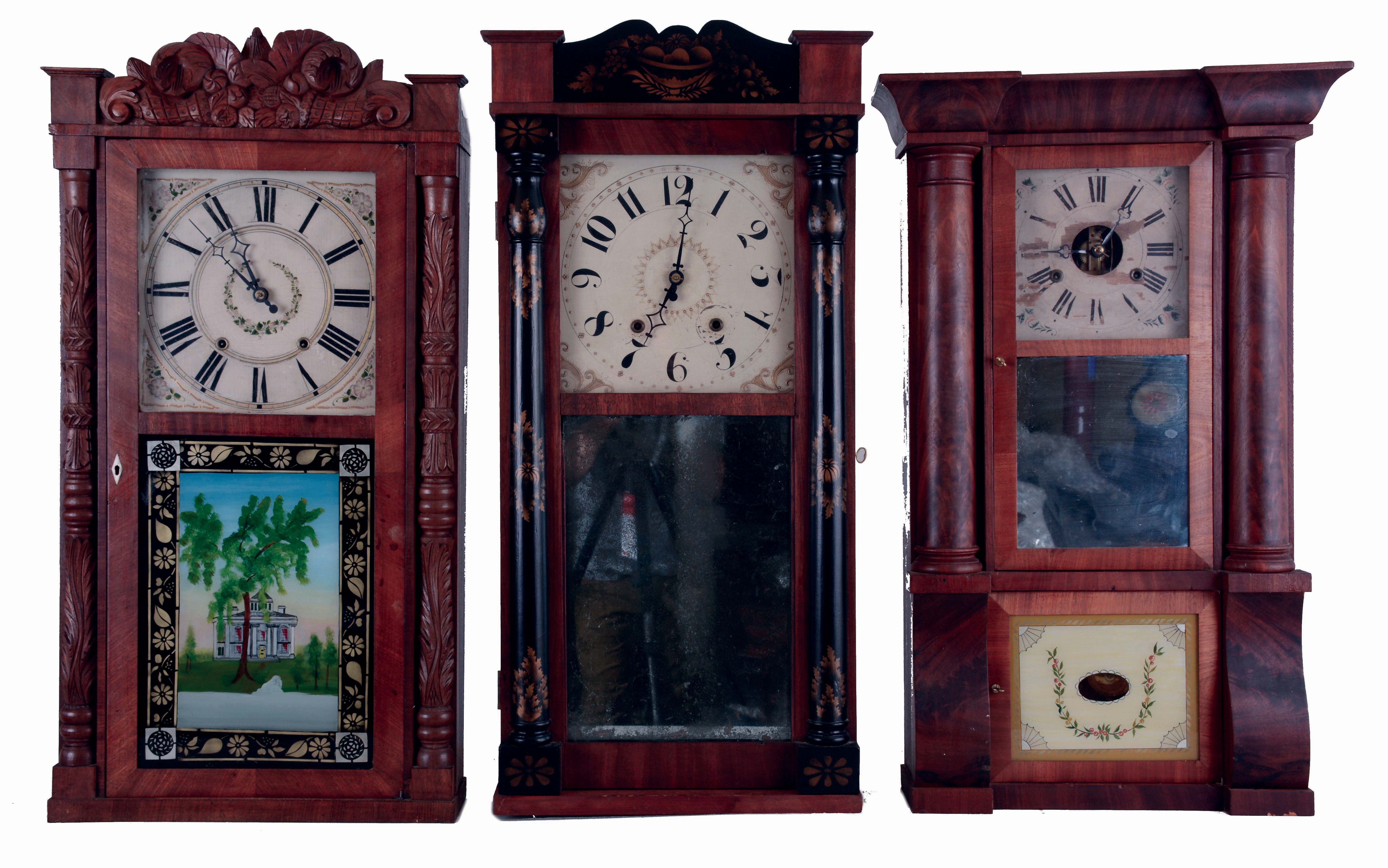 Clocks- 3 (Three) American: (1) C. &amp; L. C. Ives, Bristol, CT 30 hours, time and strike weight driven wood movement half column &amp; splat shelf clock, c1832. (2) Riley Whiting, Winchester, CT 30 hours, time and strike weight driven wood movement carved half column &amp; splat shelf clock, c1830. (3) John Birge &amp; Co., Bristol, Ct., 8 days, time and strike weight driven brass movement Column &amp; Cornice shelf clock, c1848. — Antique Clocks Price Guide