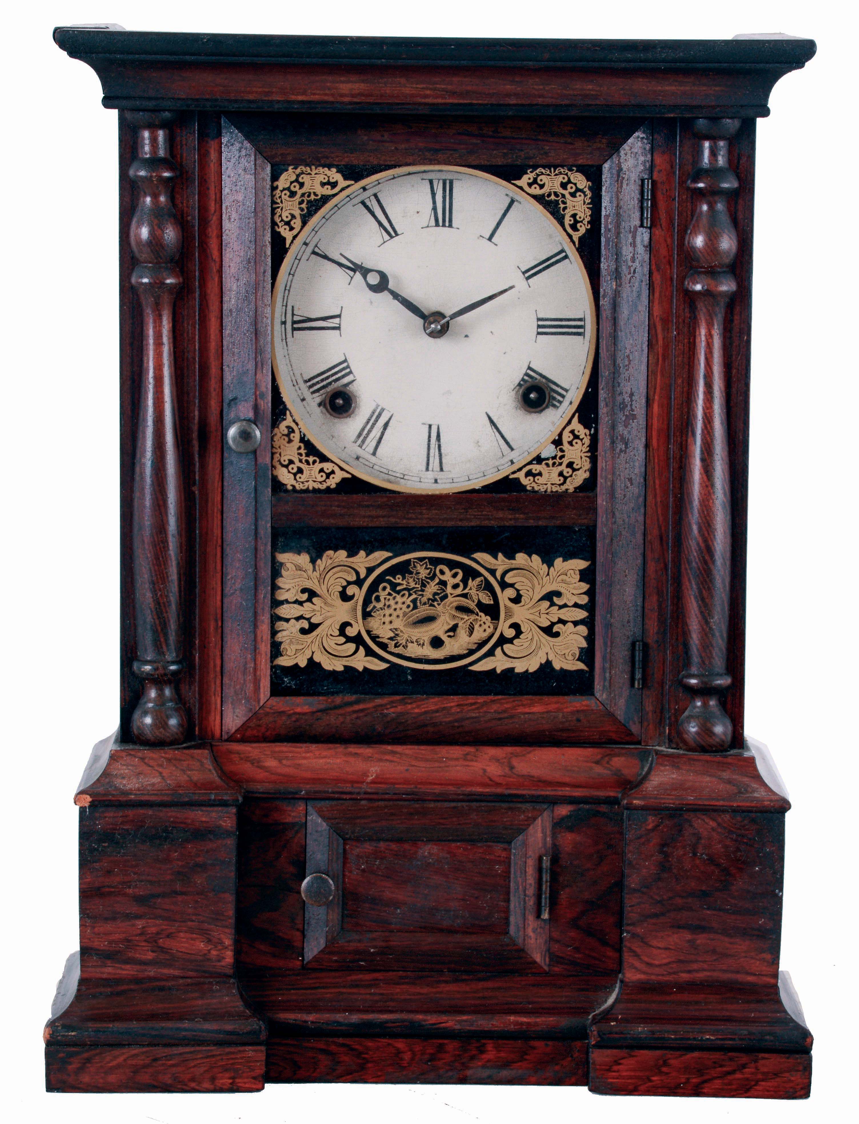 Atkins Clock Co., Bristol, Conn., 8 days, time and strike, spring brass movement "London" model shelf clock, c1865 — Antique Clocks Price Guide
