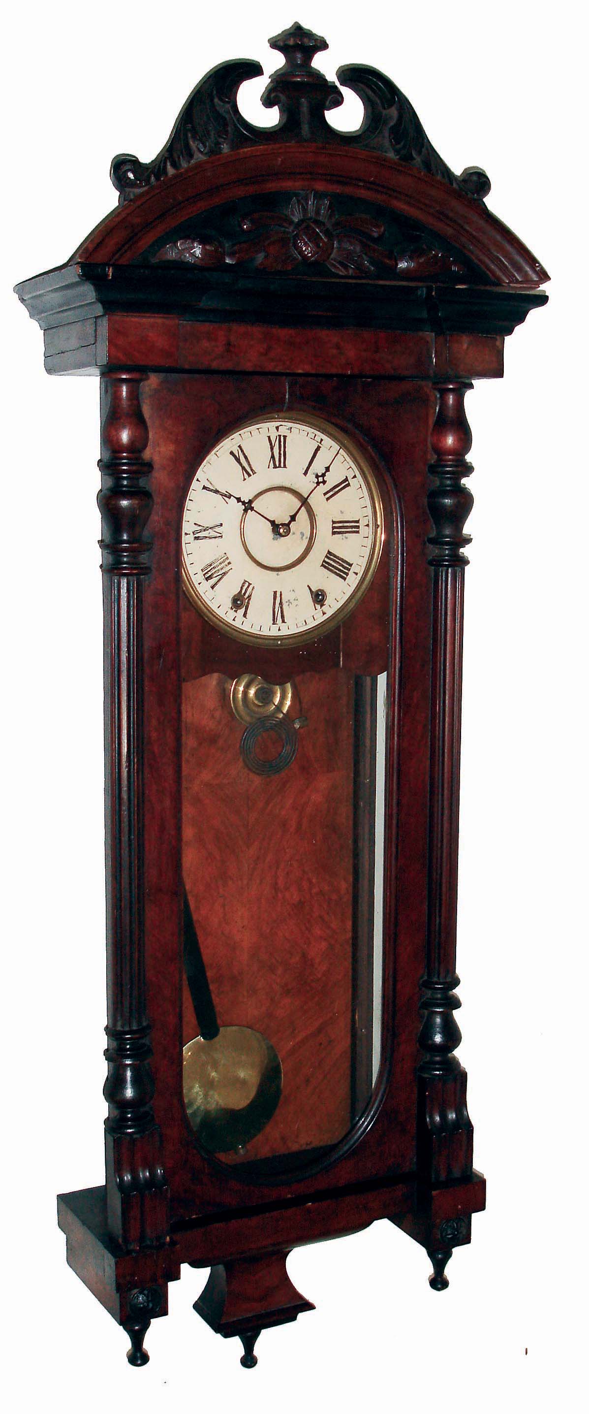 Clocks- 3 (Three) wooden case 8 day: (1) G. Eccles &amp; Son, Liverpool, Eng., single fusee mantel; (2) G.F. Clarkson, North Allerton, Eng. single fusee gallery; (3) spring, time and strike, Vienna Regulator; early 20th century. — Antique Clocks Price Guide