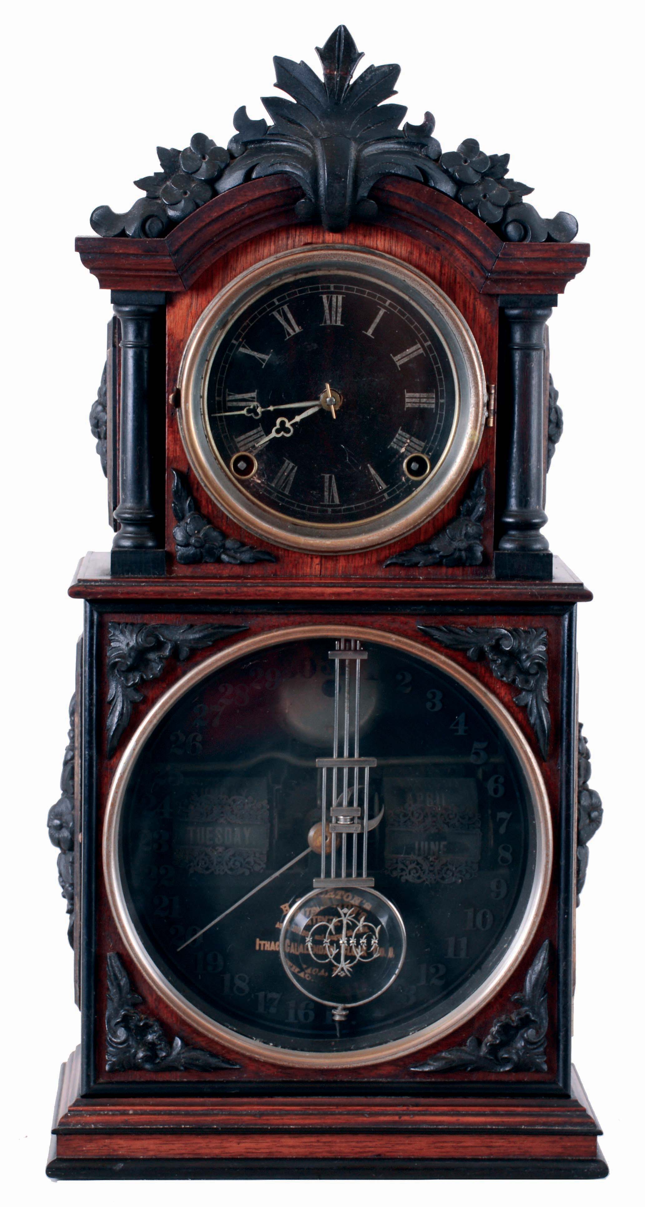 Ithaca Calendar Clock Co., Ithaca, NY, "No. 3 1/2" 8 days, time and strike, spring driven brass movement calendar shelf clock, c1872 This is the early model as characterized by the carvings, gold trim on side plaques, two piece backboard and the case construction. — Antique Clocks Price Guide