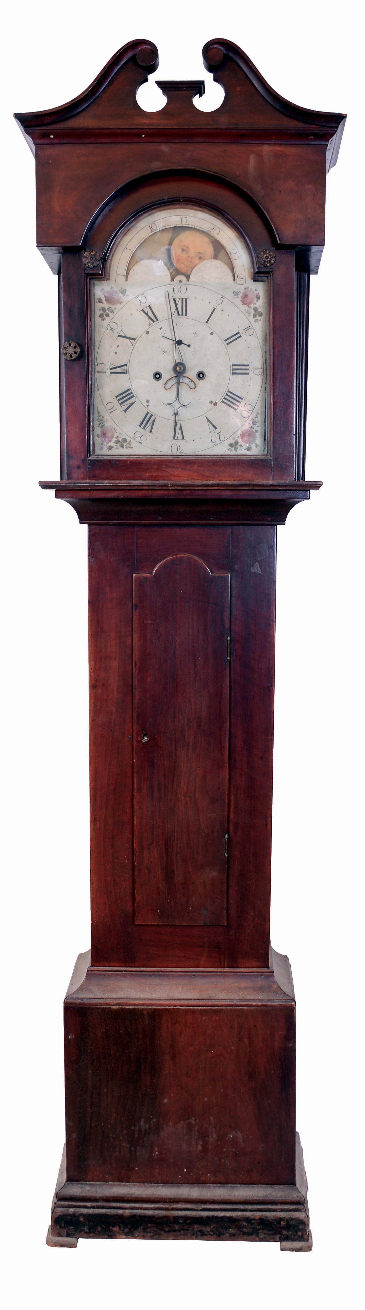 Tall clocks- 2 (Two): (1) Unsigned American, 8 days, brass weight movement in Pennsylvania cherry case, with moon phase painted dial, c1810; (2) English, Martin, King St., Westminster, 8 days, time and strike, weight movement in a flat top oak and pine case with painted dial, c1800 — Antique Clocks Price Guide