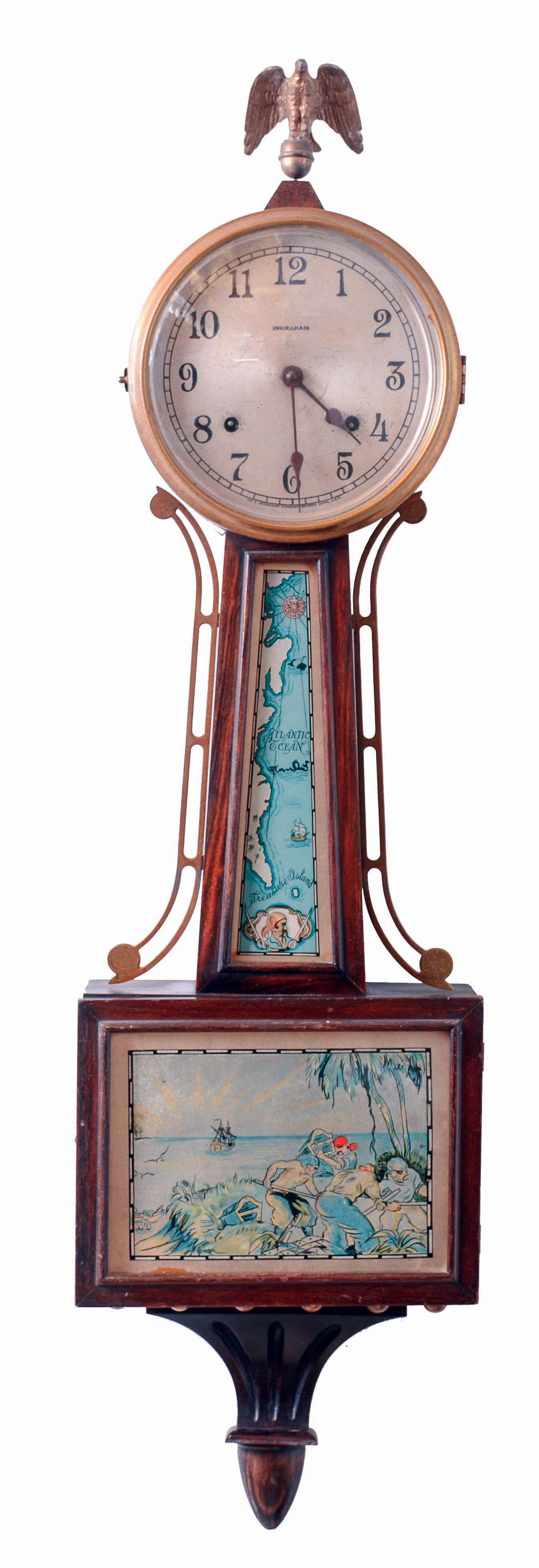 Clocks- 2 (Two) American: (1) E. Ingraham &amp; Co., "Treasure", 8 days, time and strike, spring driven brass movement banjo clock, c1930. (2) Wm. L. Gilbert Clock Co., "Observatory", 8 days, spring driven brass movement wall regulator timepiece with calendar, c1910. — Antique Clocks Price Guide