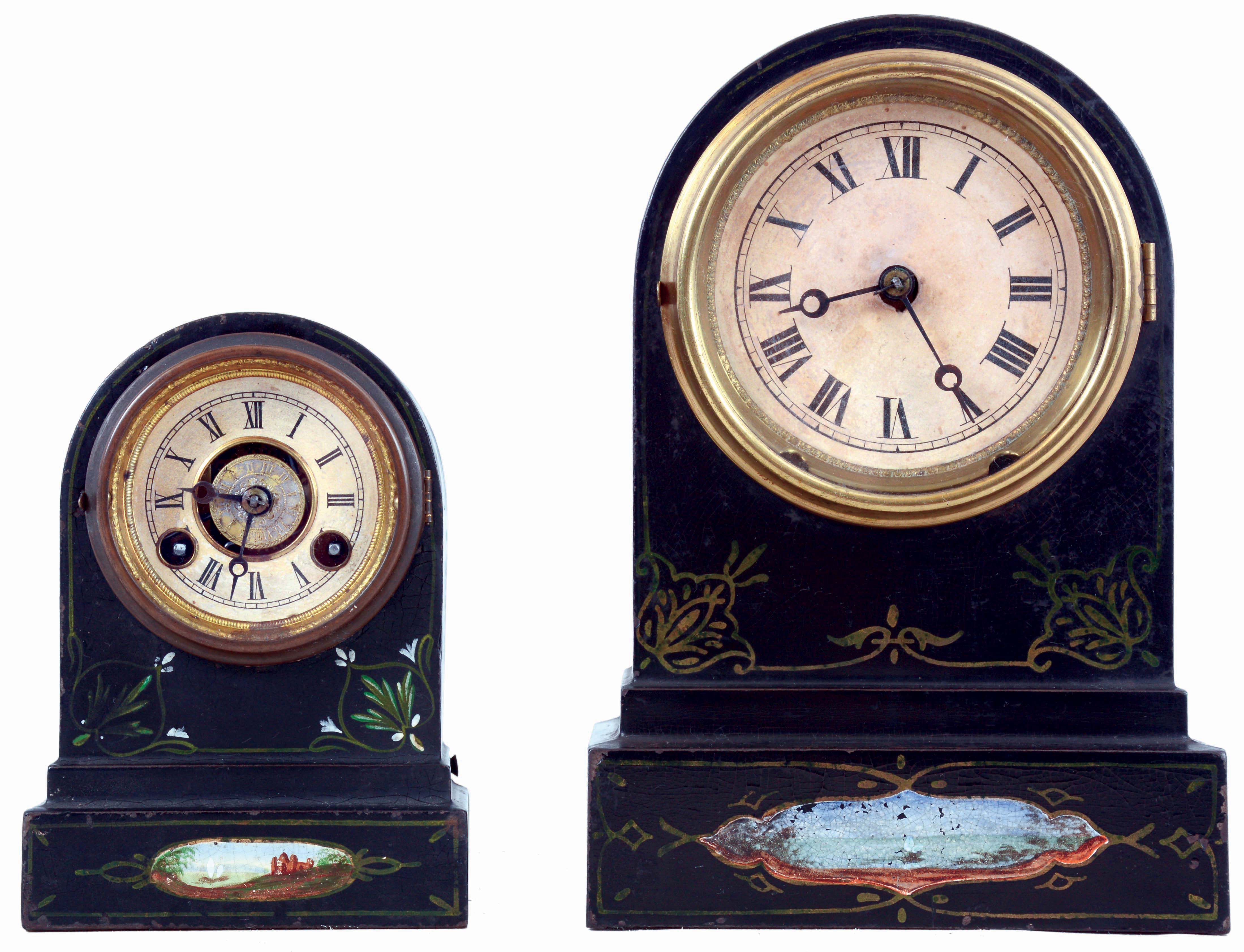 Clocks- 2 (Two): (1) Terry Clock Co., Waterbury, Conn., small iron case clock with a spring driven, 30 hours, time and alarm movement, c1870. (2) Terry Clock Co., Waterbury, Conn., larger iron case clock with a spring driven, 8 days, time and strike movement, c1870. — Antique Clocks Price Guide