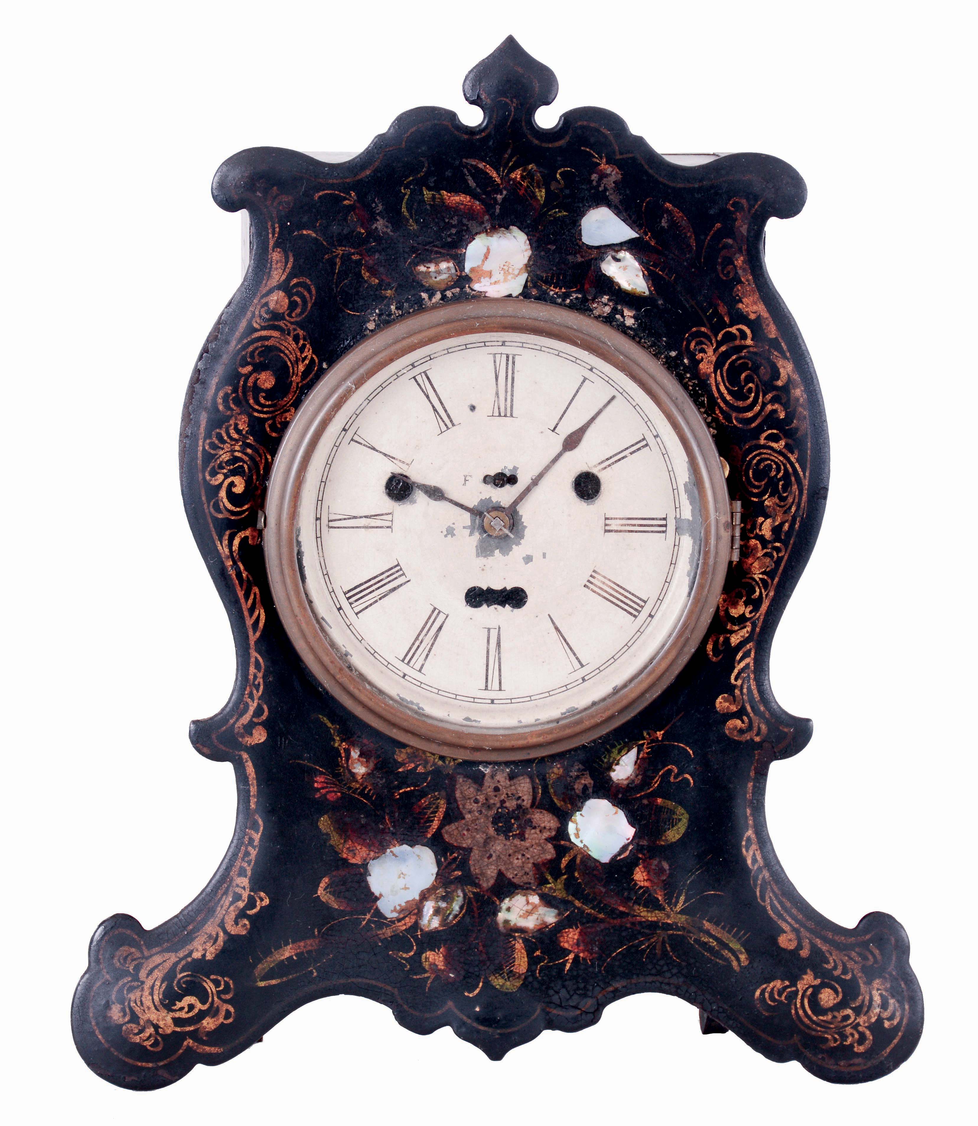 Terryville Manufacturing Co., Terryville, Conn. inlaid pearl and paint decorated iron front shelf clock with 30 hours, spring driven, time and strike movement with Silas B. Terry's patented torsion escapement, c1852. — Antique Clocks Price Guide