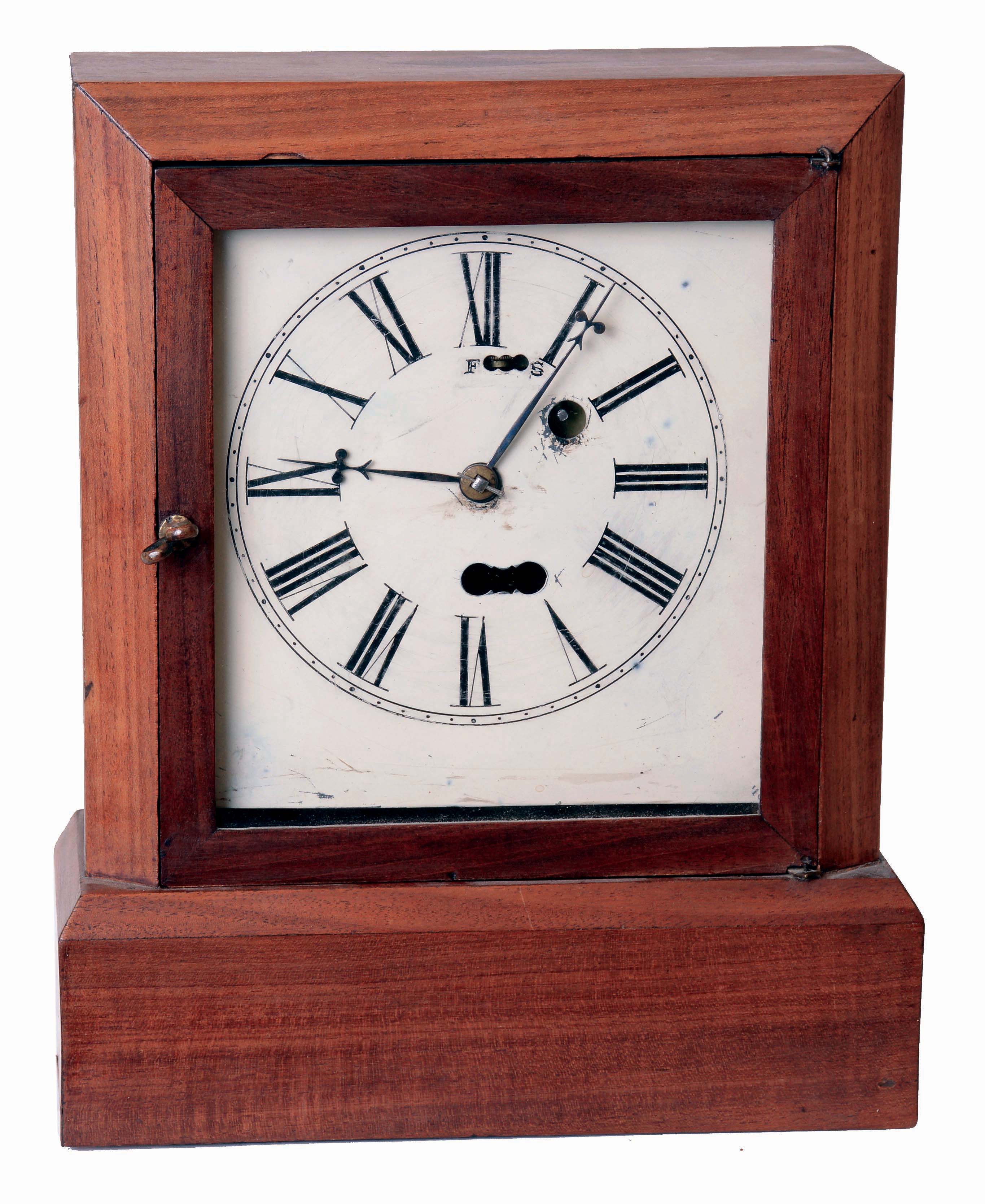 S. B. Terry &amp; Co., Terryville, Conn., Cottage clock in a mahogany case. 30 hours, spring driven, timepiece movement with Silas B. Terry's patented torsion escapement, c1853. — Antique Clocks Price Guide
