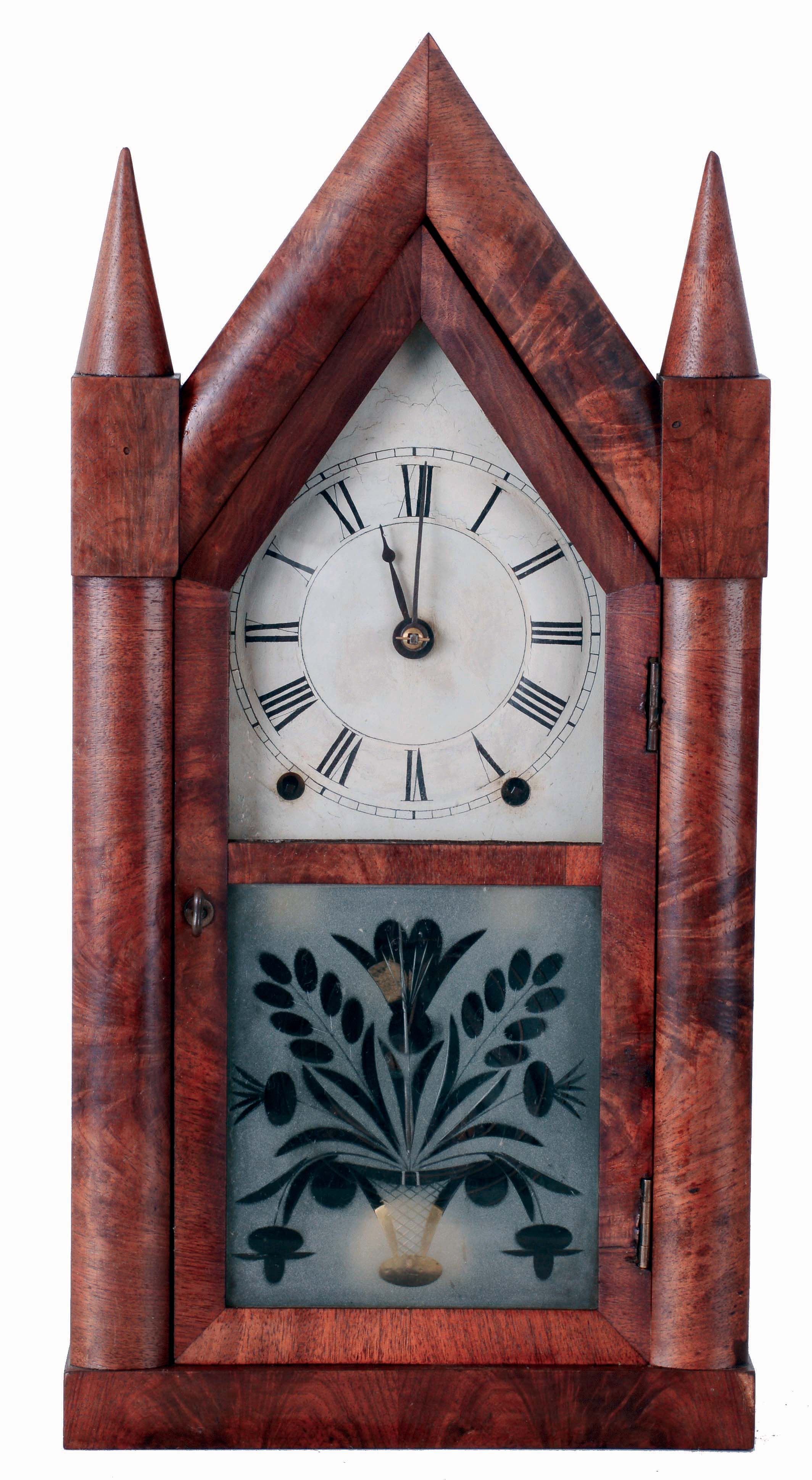 Brewster &amp; Ingrahams, Bristol, Conn., 8 days, time and strike, spring driven brass Kirk's Patent movement sharp gothic or steeple clock, c1843 — Antique Clocks Price Guide