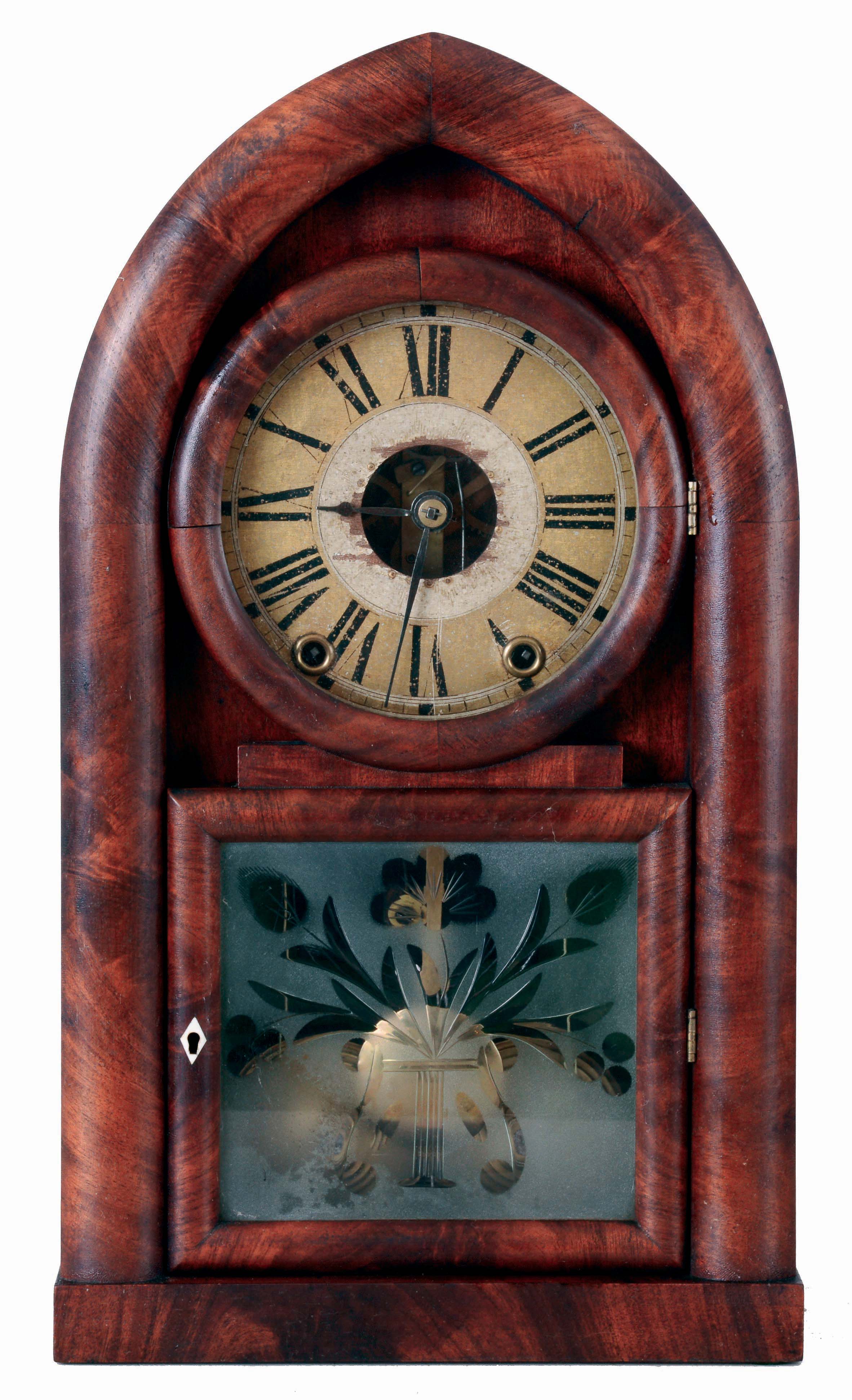 E. C. Brewster, Bristol, Conn., 8 days, time and strike, spring driven brass movement with detached fusees, round gothic or beehive clock, c1839 — Antique Clocks Price Guide