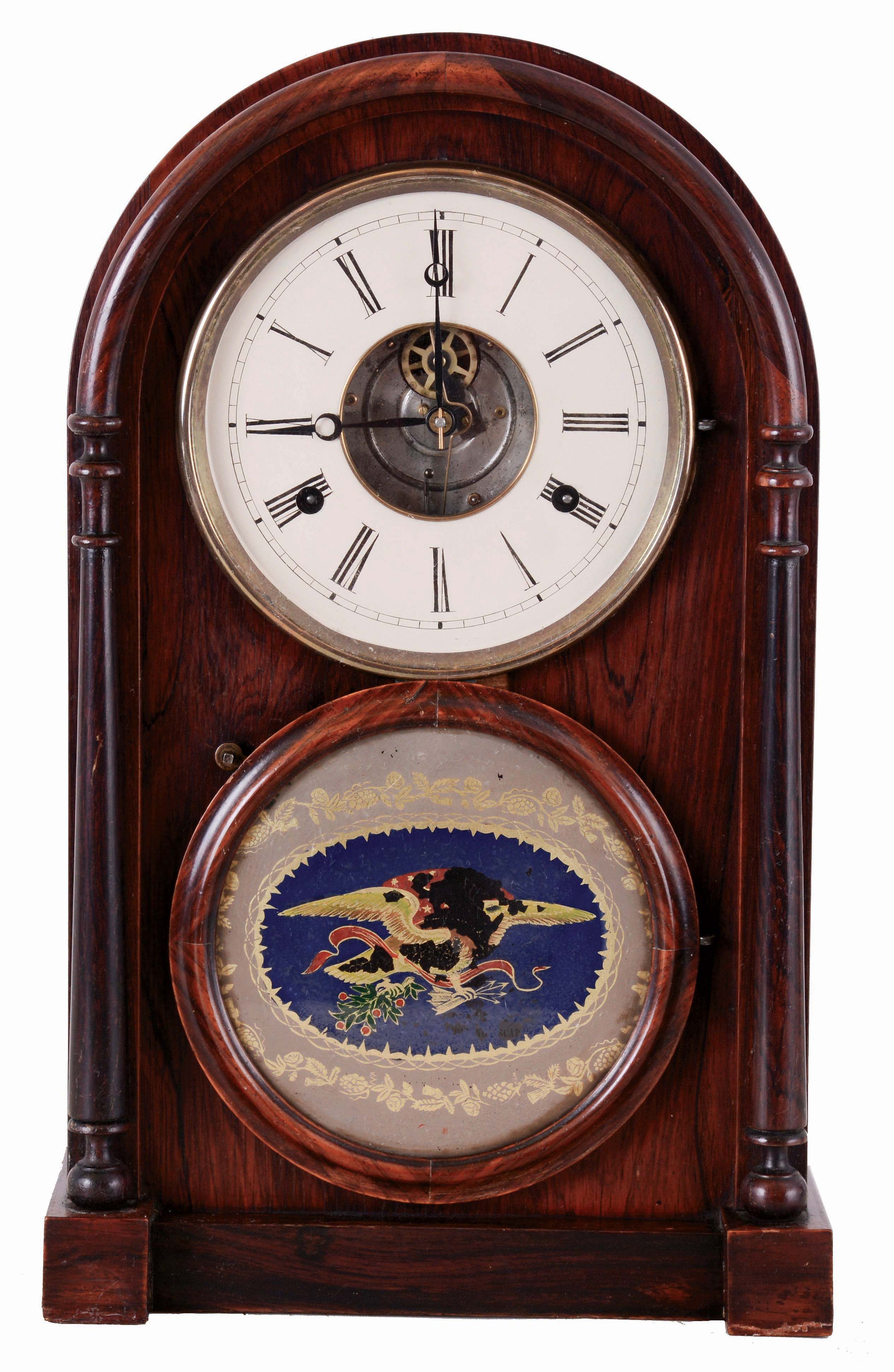 N. L. Brewster, Bristol, Conn., 8 days, time and strike, spring driven shelf clock with Joseph Ives' patented tin plate movement with roller verge, in Noah L. Brewster's patent case, c1862. — Antique Clocks Price Guide
