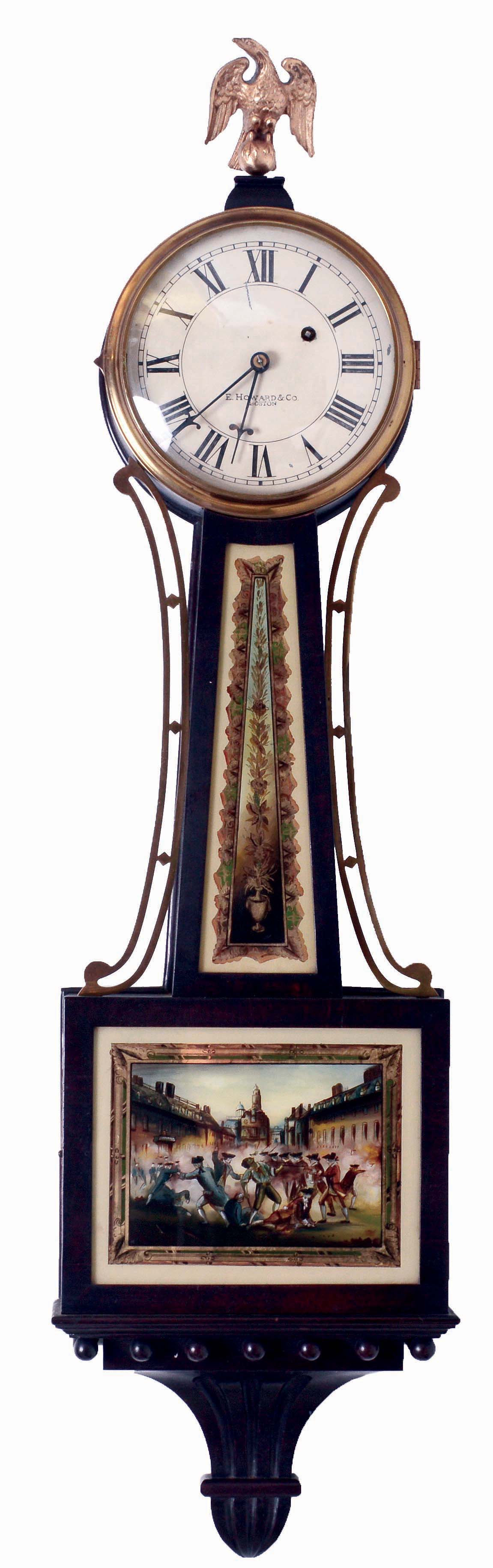 E. Howard &amp; Co., Boston, Mass., "No. 95 Banjo", wall clock, 8 days, time only, weight driven nickel plated movement in a mahogany flat front case with bracket and brass side arms. Painted metal dial, reverse painted tablets, c1930 — Antique Clocks Price Guide