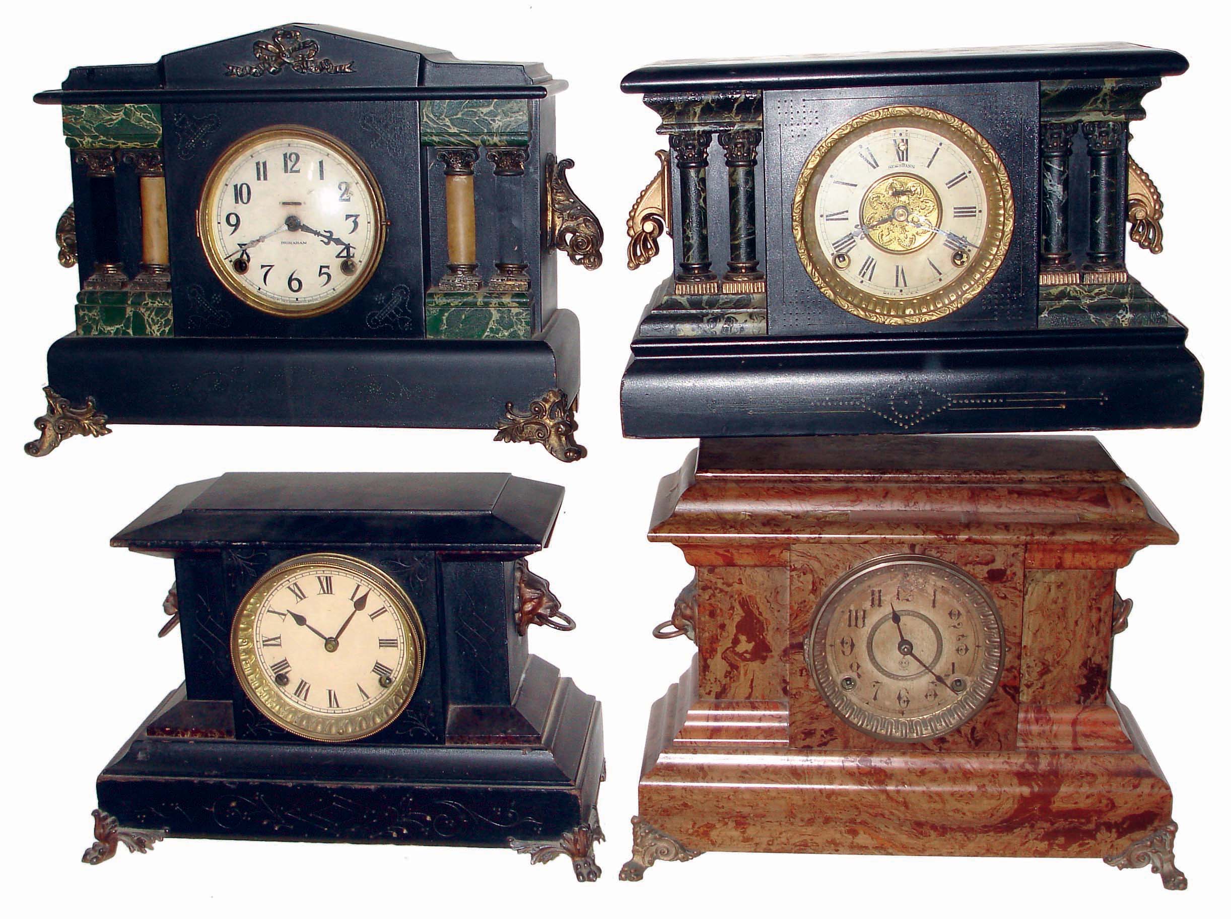 Clocks- 17 (Seventeen) mantel and wall clocks: 5 Connecticut, 8 days, time and strike black mantels by Sessions and Ingraham; Seth Thomas Adamantine, 8 days, time and strike; German Black Forest hanging 2 weight postal clock; German quartz anniversary; Waltham, 8 days travel; Ingraham oak, 8 days, time and strike cabinet; New Haven shelf, 8 days, time, strike &amp; alarm; Jerome, 30 hours, time and strike, small steeple; French black marble, 8 days, time and strike mantel, Japy movement; 2 cast metal rear-wind mantels; Sessions brass case marine clock, now with quartz movement and a Seth Thomas modern chiming grandmother clock in a maple case; mostly late 19th century — Antique Clocks Price Guide