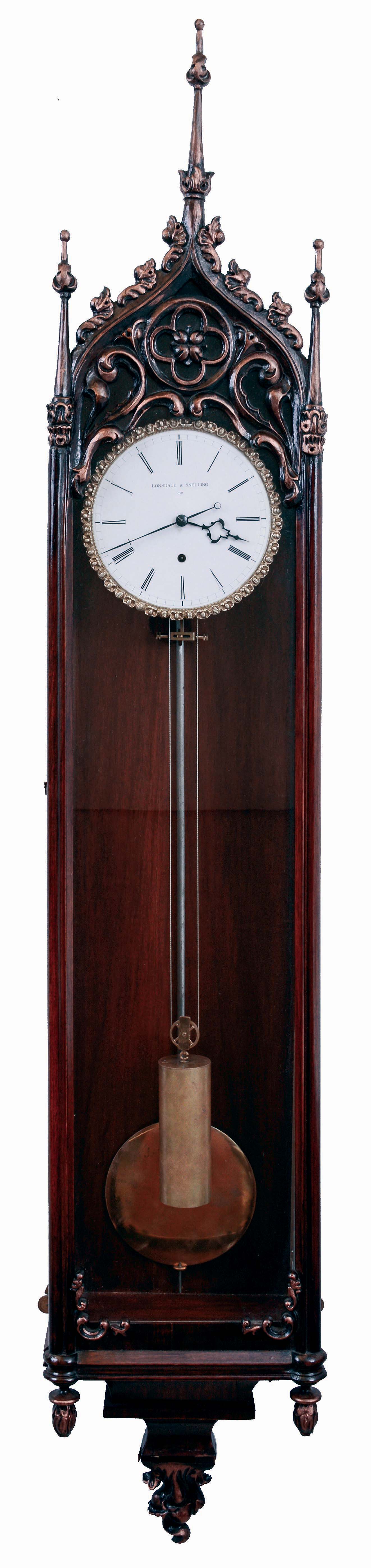 Czech Republic, modern reproduction of rare Viennese Gothic timepiece, single weight, with porcelain dial signed Lonsdale &amp; Snelling -012. Cast bezel and polished steel rod pendulum, c.2004 — Antique Clocks Price Guide