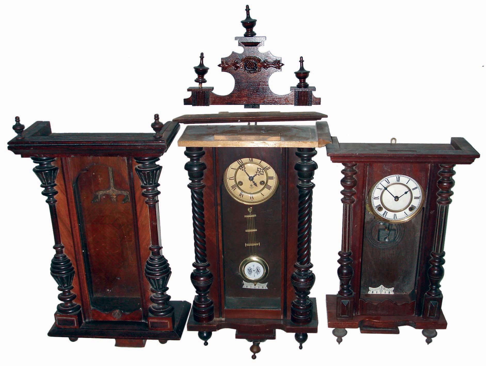 Clocks- 5 (Five) German, 8 days, time and strike wall clocks plus 2 (Two) cases with no movements: larger decoratively painted clock has 3-weight quarter-striking movement, early 20th century — Antique Clocks Price Guide