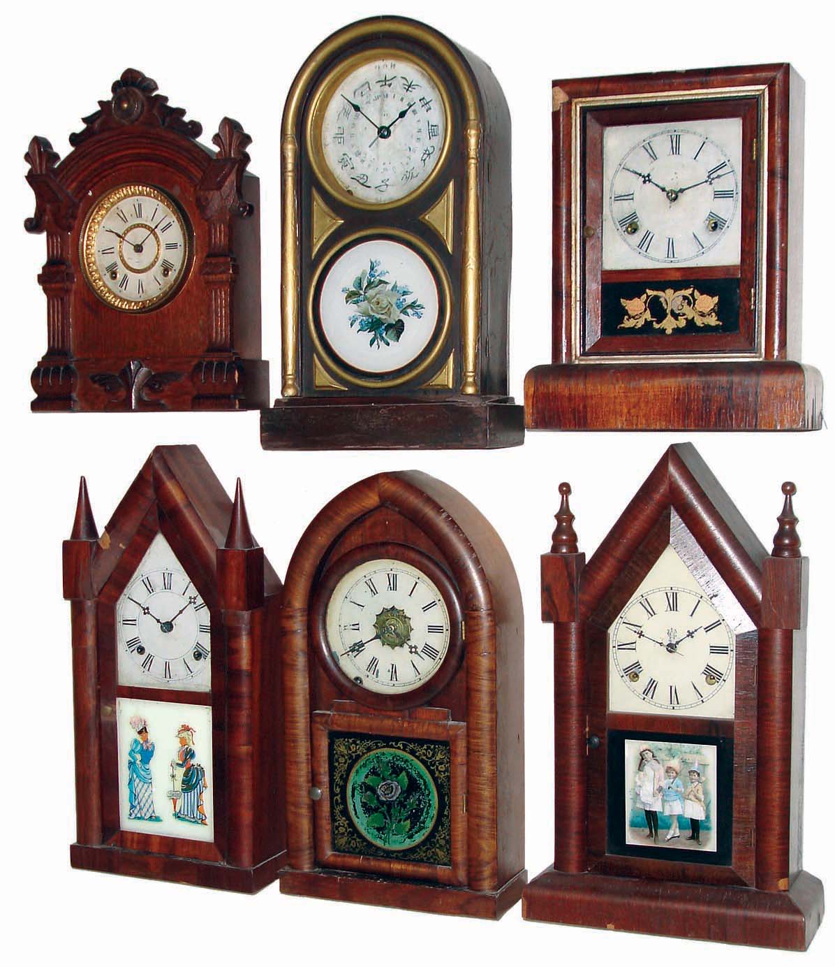 Clocks- 9 (Nine) Connecticut wood case, time and strike, shelf and cabinet clocks: includes Waterbury steeple, Gilbert inlaid lancet, Welch Spring &amp; Co., cottage, beehive, Seth Thomas city with Asian dial, Boardman &amp; Wells double-fusee steeple, Ansonia cabinet, cabinet. All but one are 8 days, late 19th century — Antique Clocks Price Guide