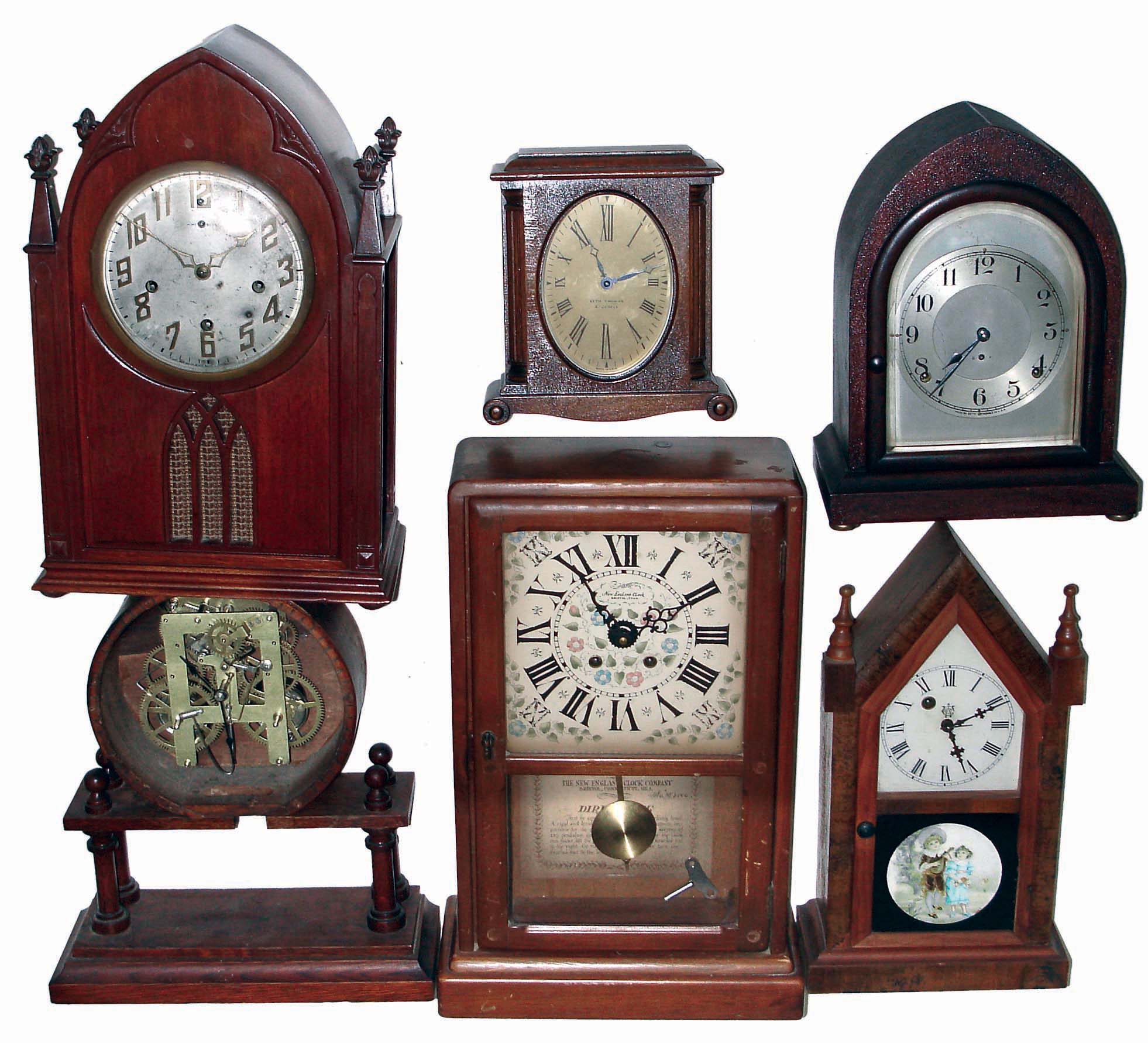Clocks- 10 (Ten) Connecticut shelf, mantel and banjo styles: modern New England Clock Co., 8 days, time and strike cottage with German movement; banjo clocks include 2 Seth Thomas and 1 New Haven; Seth Thomas, 8 days, time and strike, in lancet case; Waterbury time only, 30 hours, small steeple; Seth Thomas 4 jewel rear wind; New Haven Westminster chime; 4 column mantel with no dial; New Haven "Larina", 8 days octagon wall clock; 20th century — Antique Clocks Price Guide