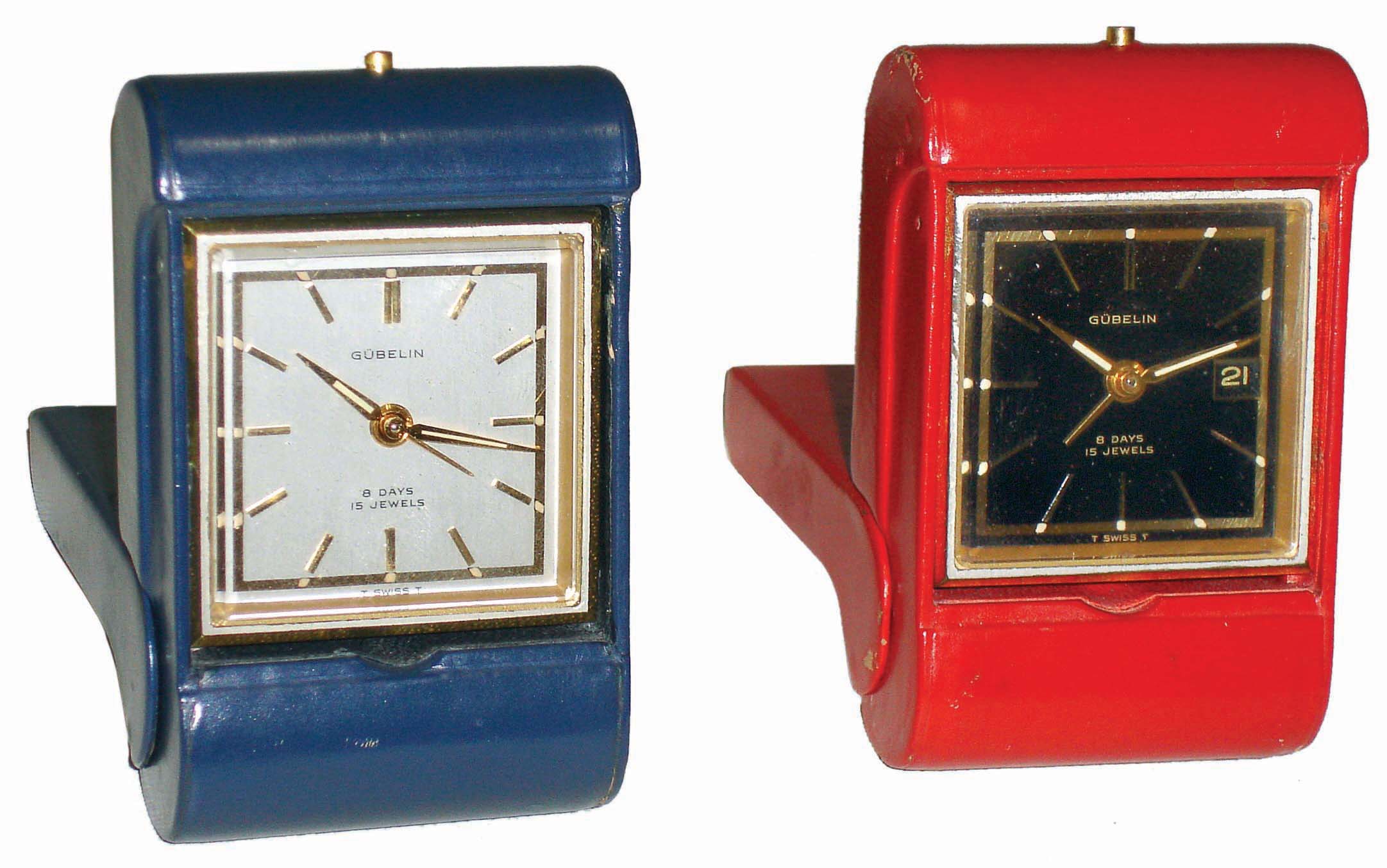 Clocks- 2 (Two) Swiss Gubelin, 8 days, 15 jewel alarm in folding leather cases; one has calendar window; 20th century — Antique Clocks Price Guide