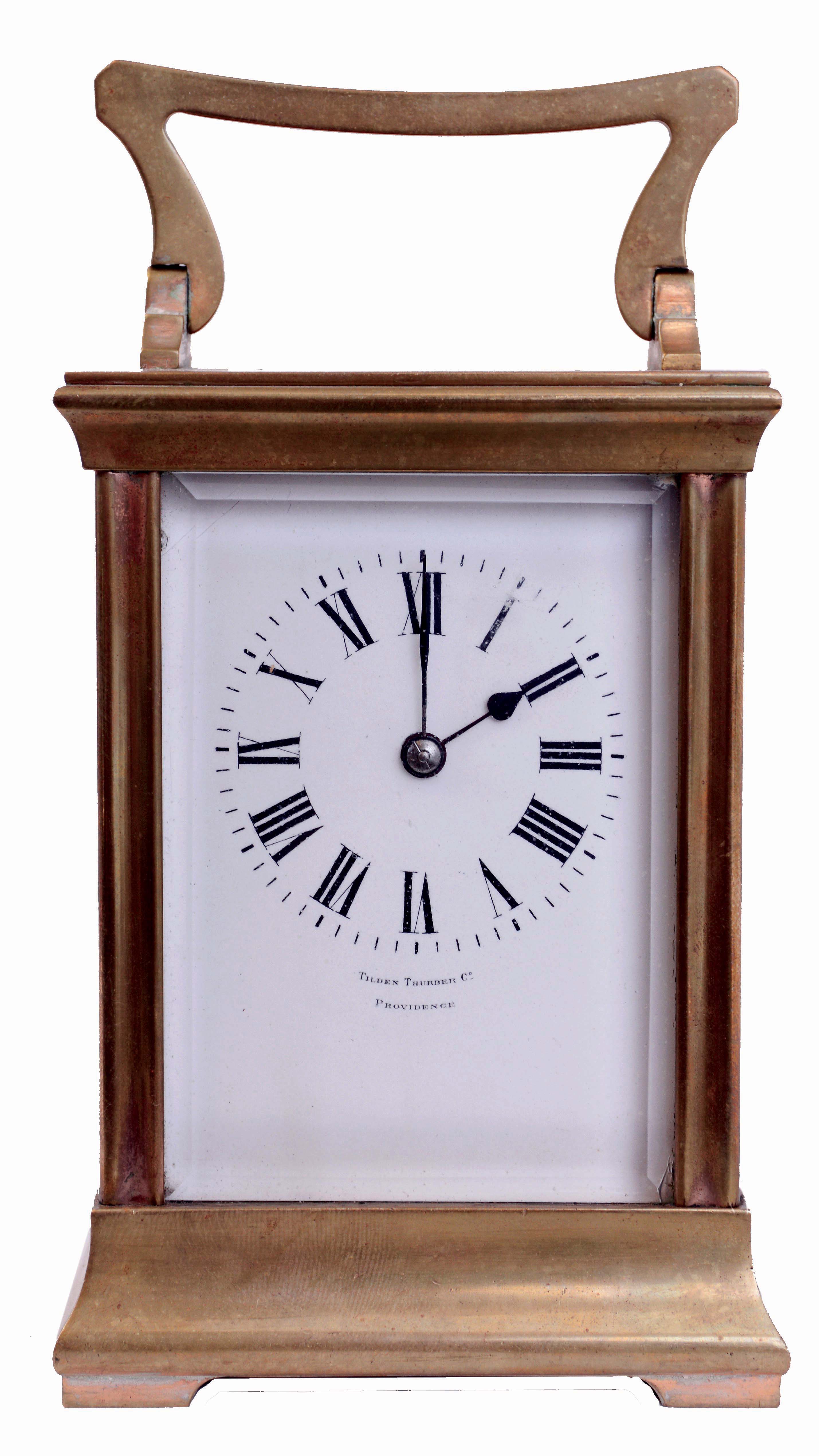France, for Tilden, Thurber, Co., Providence, R.I., gilt brass, art nouveau influenced case with bevelled glass panels, Roman numeral white enamel dial, blued steel hands, 8 days, time and strike movement with lever platform, c1900 — Antique Clocks Price Guide