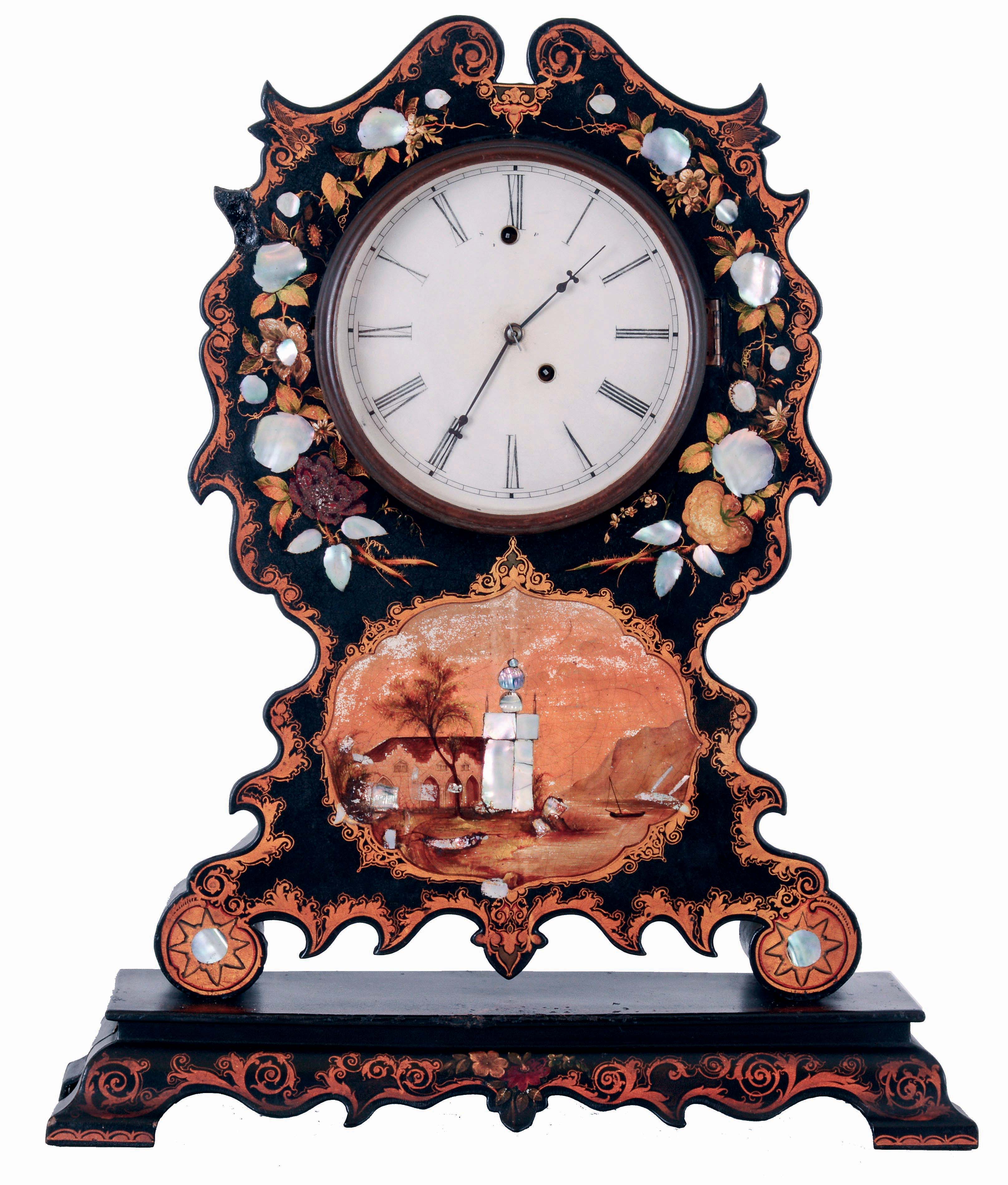 Litchfield Mfg. Co., Litchfield, Conn., 8 days, spring driven brass movement timepiece in impressive decorated MOP paper mache case, c1852 — Antique Clocks Price Guide
