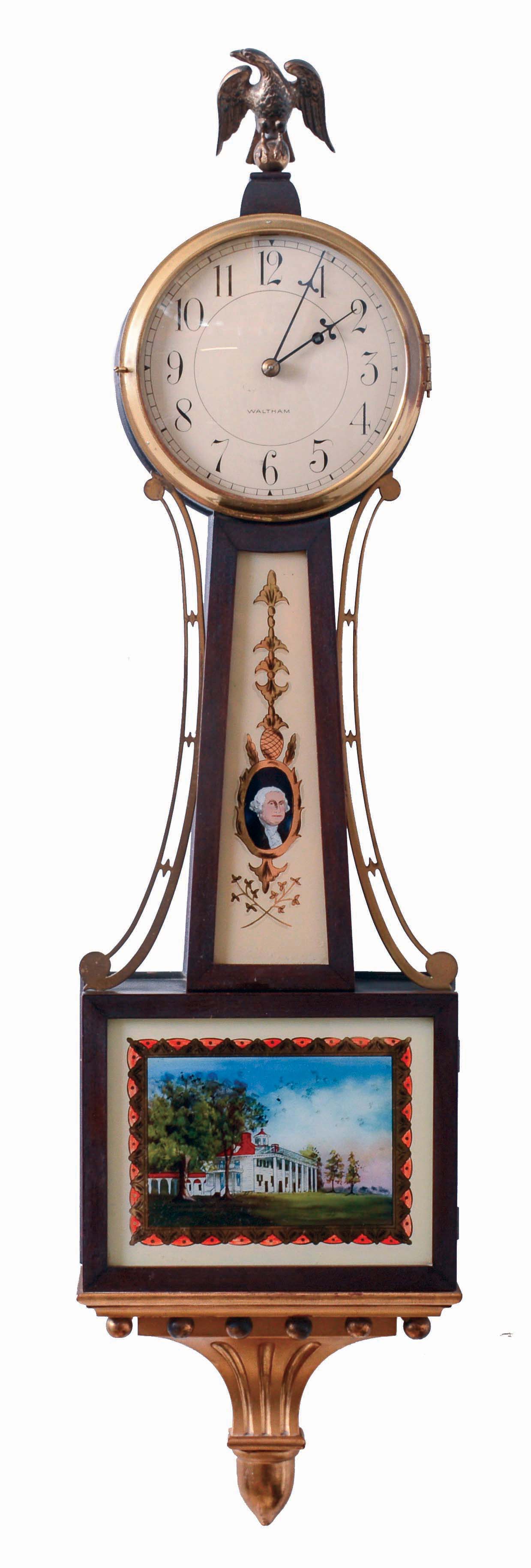 Waltham Clock &amp; Watch Co., Waltham, Mass., 8 days, weight driven brass movement banjo timepiece with George Washington and Mount Vernon tablets, c1925 — Antique Clocks Price Guide