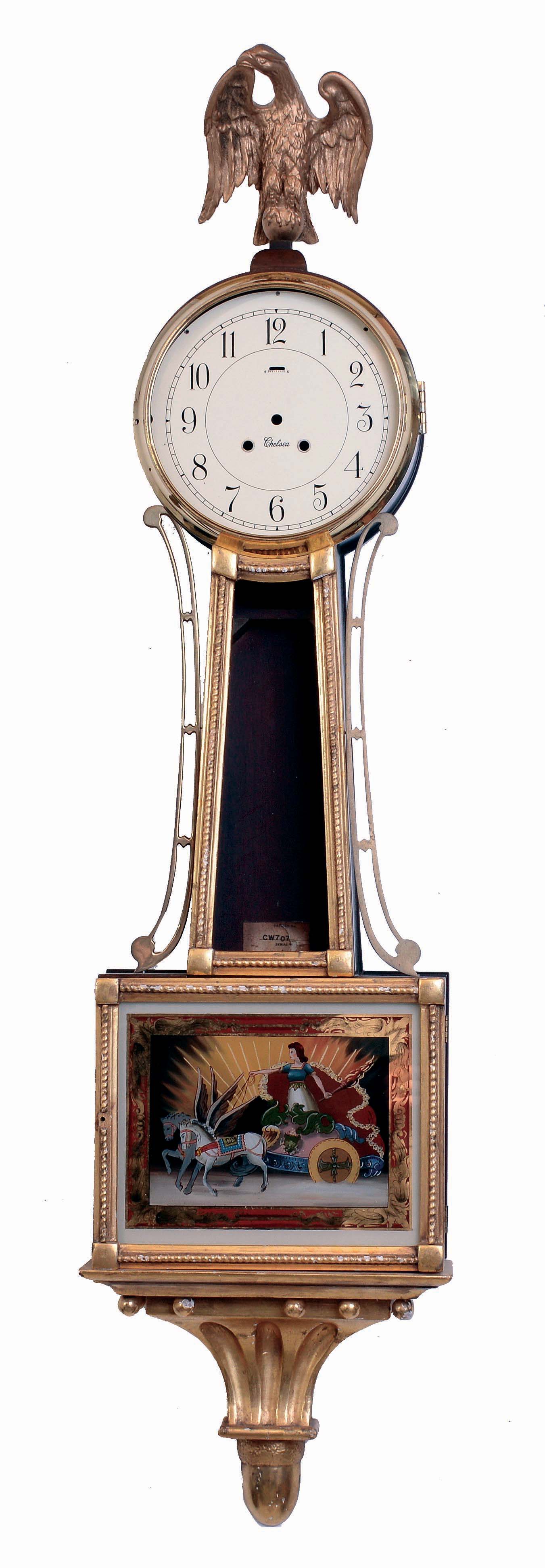 Chelsea Clock Co., Boston, Mass., "Willard Banjo", Williamsburg Restorations reproduction mahogany and gilt case (only) made by Kittinger, c1982 — Antique Clocks Price Guide