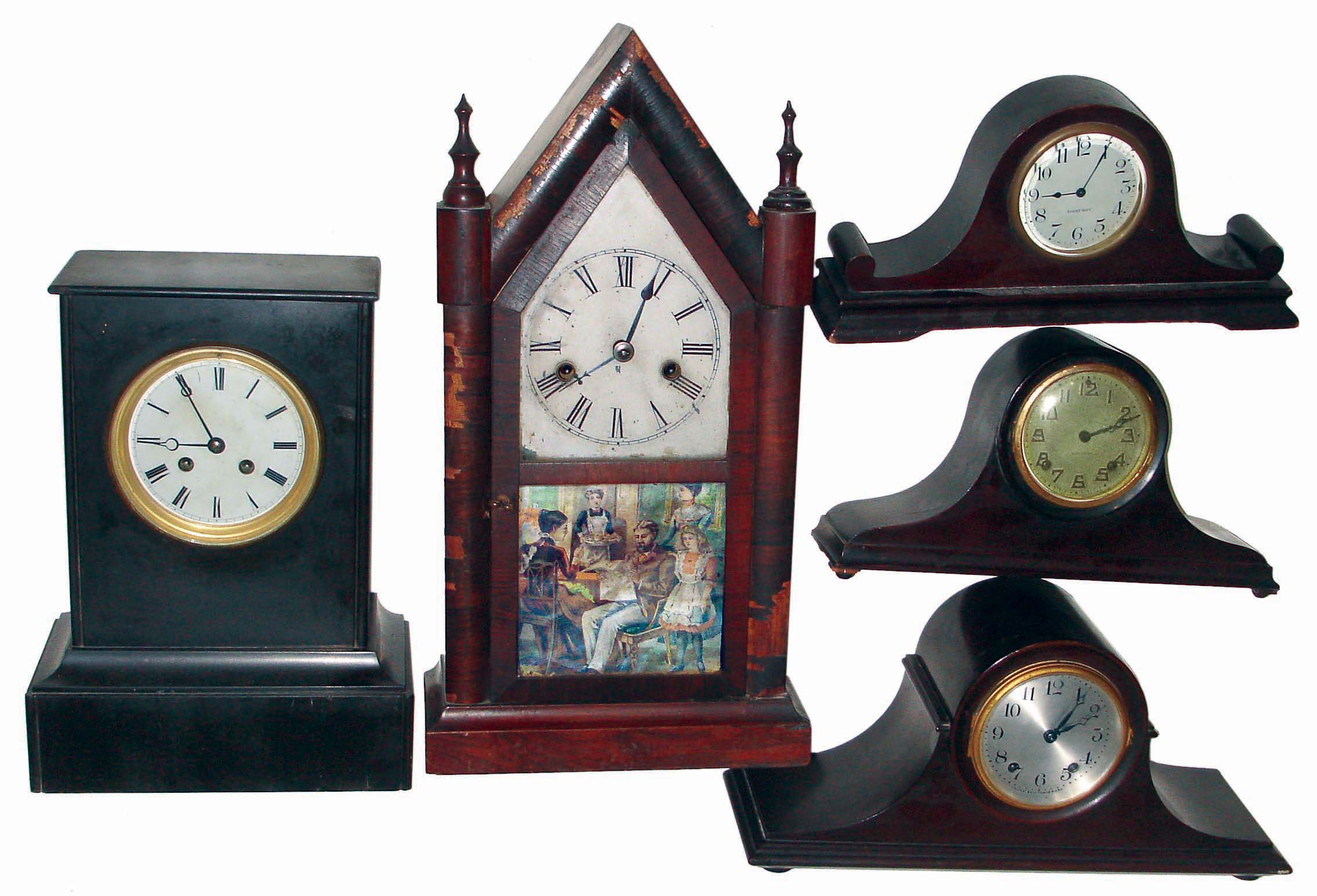 Clocks- 5 (Five) mantel clocks: 3 mahogany tambours by Gilbert, New Haven &amp; Seth Thomas (striking); French black slate time and strike; and Welch, 30 hours, time and strike steeple; late 19th and early 20th centuries — Antique Clocks Price Guide