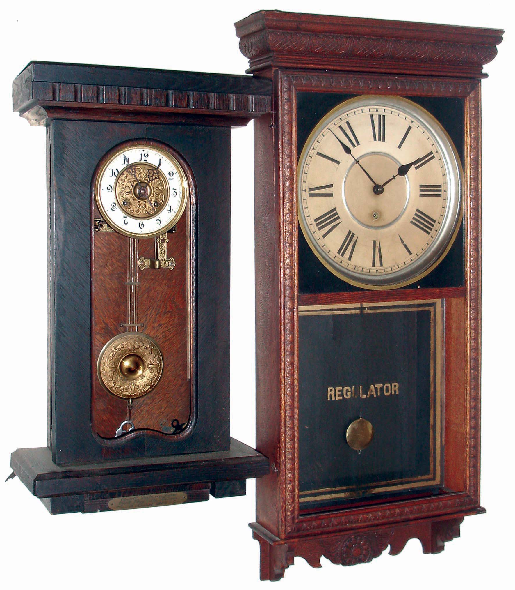 Clocks- 9 (Nine) wooden case mantel, shelf and wall clocks: 4 Connecticut, 8 days, time and strike gingerbreads (Ansonia, Gilbert, Ingraham); Jerome &amp; Co., 30 hours, time and strike OG; Japan time and strike, 8 days school clock; Seth Thomas Adamantine, 8 days, time and strike mantel; German time and strike, 8 days, dark oak with 1907 presentaton plate; and Sessions time only, 8 days store regulator; late 19th and early 20th centuries — Antique Clocks Price Guide