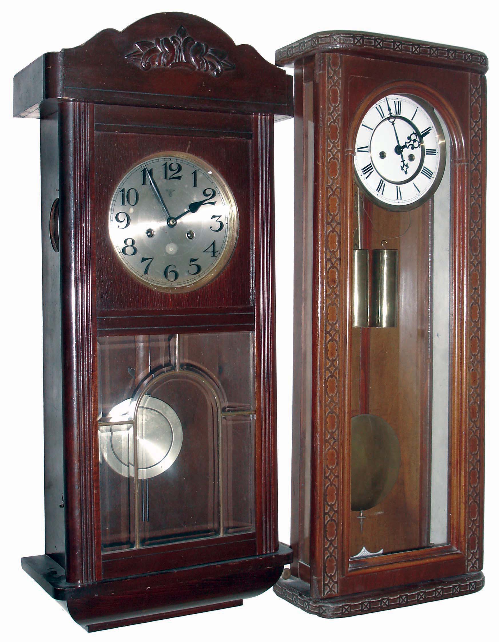 Clocks- 6 (Six), 8 days, time and strike, wooden case wall clocks, one also Westminster chime: 2 antique oak missions; Mauthe German box regulator; Waterbury 3 train; German Gustav Becker 2-weight flat top and bottom Vienna; Japan school clock; early 20th century — Antique Clocks Price Guide
