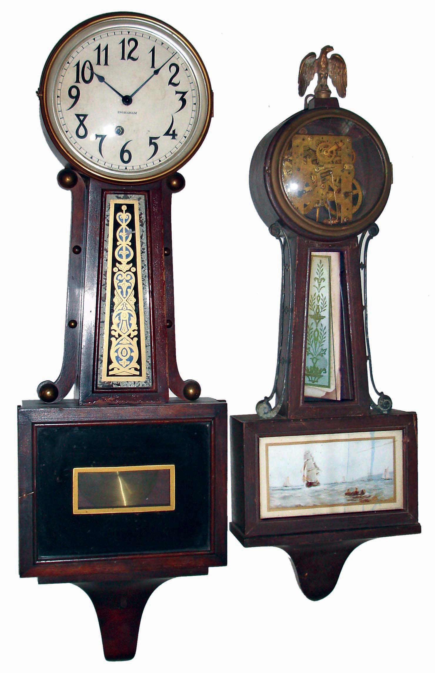 Clocks- 4 (Four) banjo clocks, mahogany, 8 days, Connecticut hanging clocks: New Haven, 8 days, time and strike, Waring, Whitney and smaller time only; and an Ingraham "Nyanza" time only. Early 20th century — Antique Clocks Price Guide