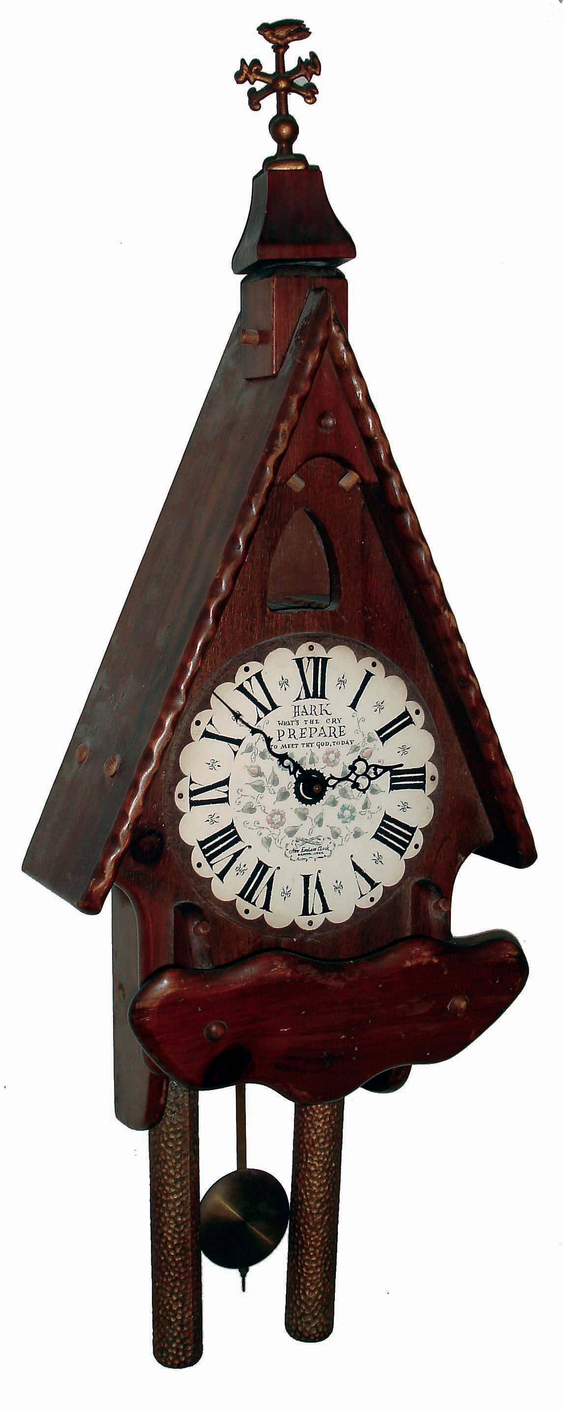Clocks- 3 (Three), 8 days, Connecticut wall clocks: New England Clock Co., with time and strike, German movement, c1960; Ingraham "Hartford" oak long drop time only school clock, c1910; Jerome &amp; Co., "Eclipse" dark oak long drop, time and strike, school clock; c1905 — Antique Clocks Price Guide